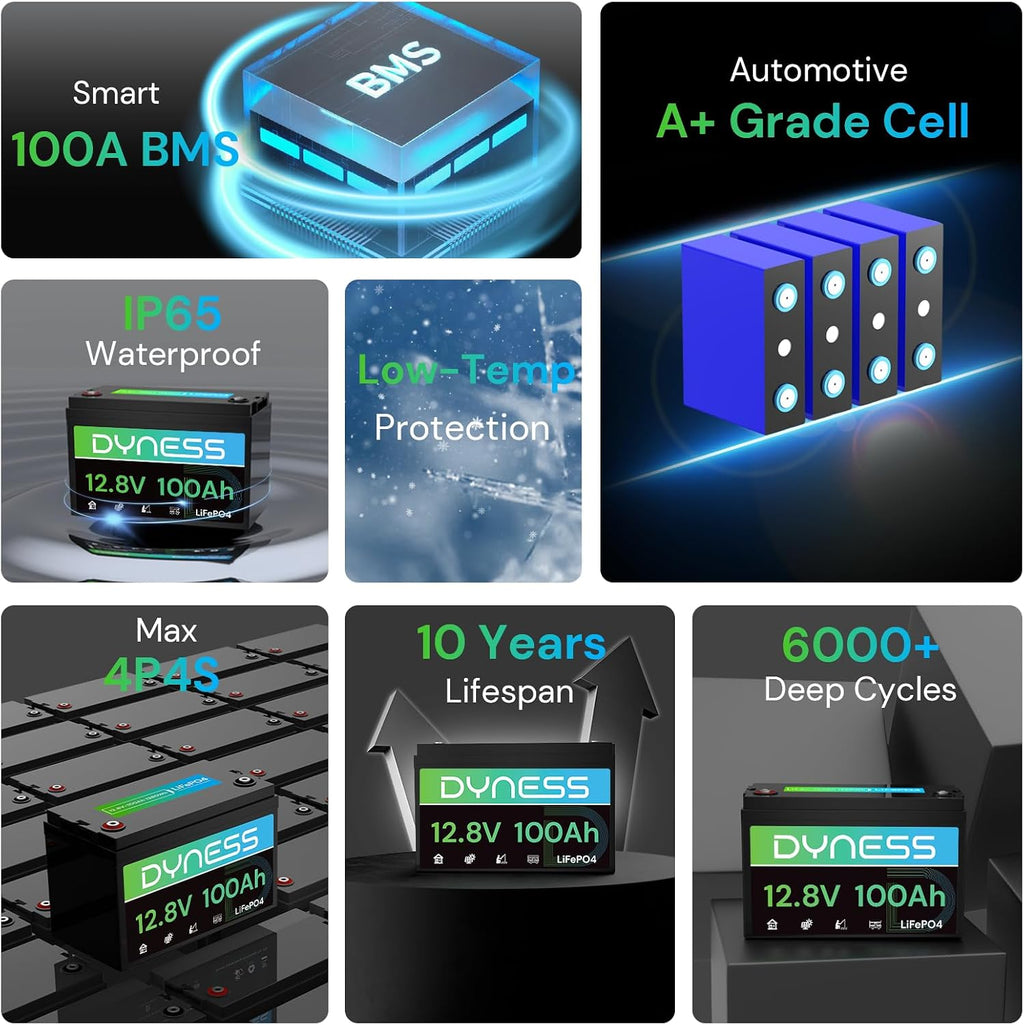 Dyness 12V 100Ah LiFePO4 Battery BCI Group 31 Lithium Battery with Low-Temp Cut Off Protection, A+ Grade Cell Built-in 100A BMS, Perfect for RV, Solar System, Off-Grid, Home Energy Storage