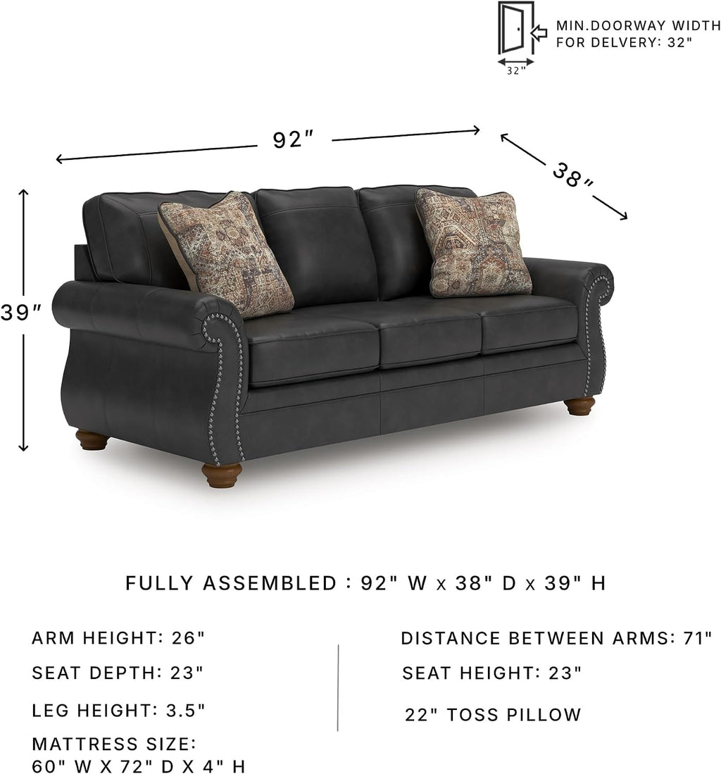 Signature Design by Ashley Chatterton Rustic Faux Leather Queen Sofa Sleeper with Bi-Fold Memory Foam Mattress, Nailhead Trim and 2 Throw Pillows, Queen, Black