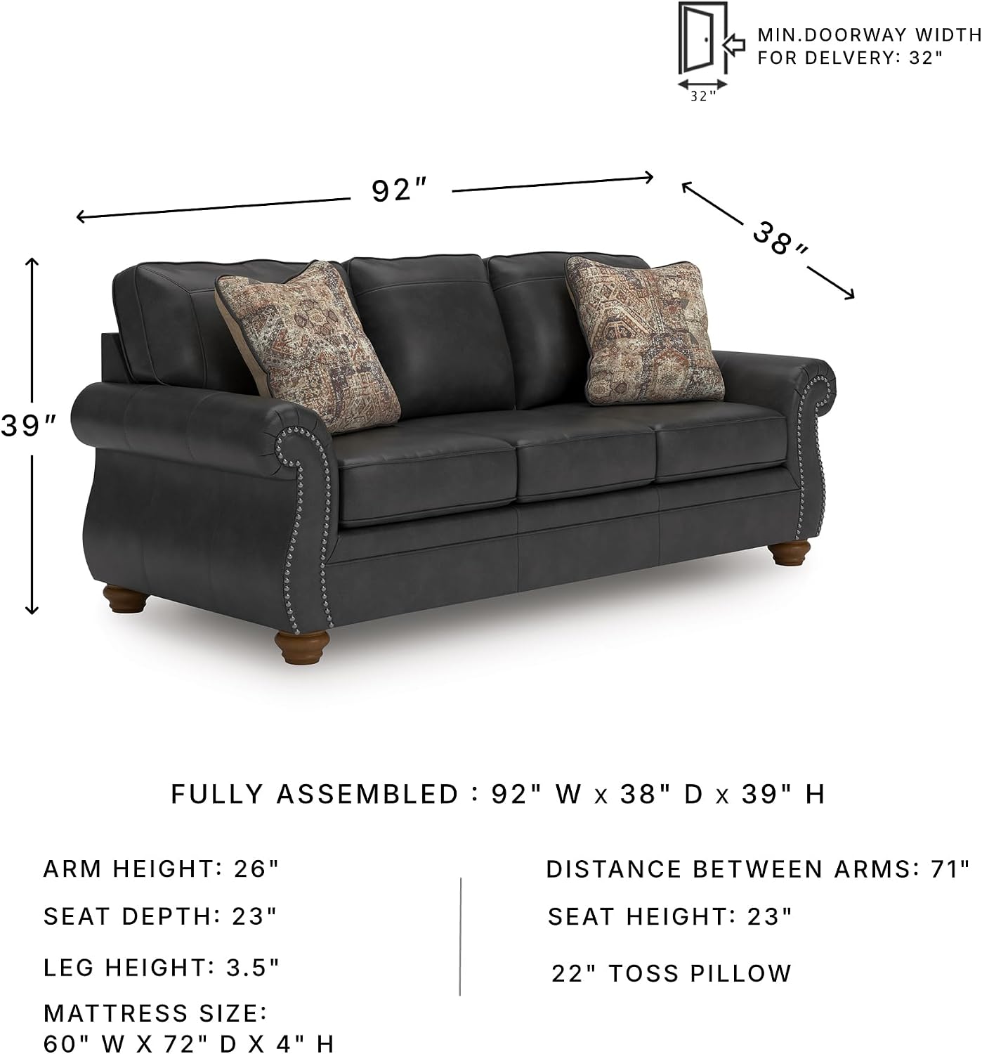 Signature Design by Ashley Chatterton Rustic Faux Leather Queen Sofa Sleeper with Bi-Fold Memory Foam Mattress, Nailhead Trim and 2 Throw Pillows, Queen, Black