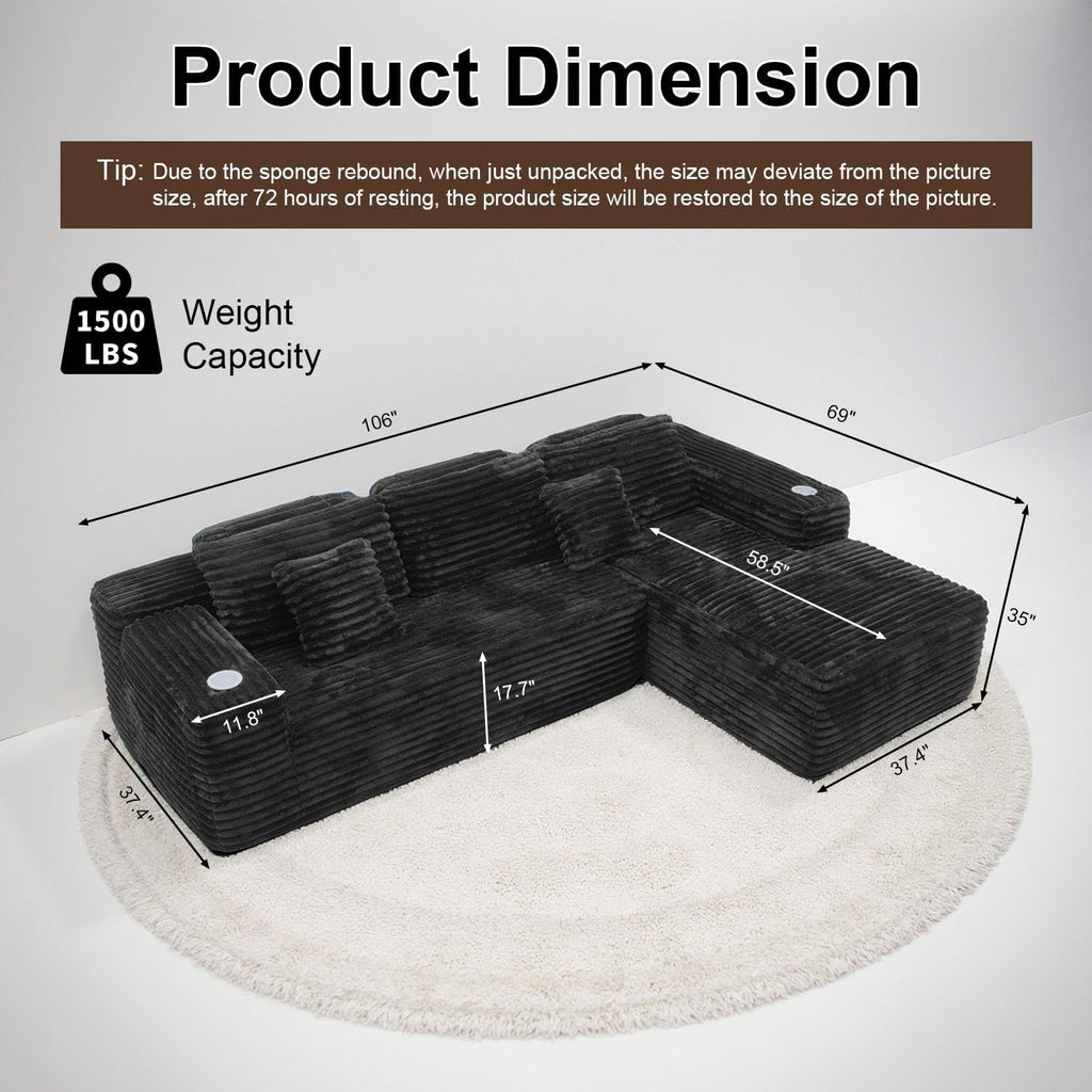 Cloud Sofa Sectional Couch with L-Shape Chaise, Modern Corduroy Boneless Modular Sofa with Cup Holder for Living Room and Apartment, Deep Seat Floor Couch No Assembly (Black, Right Facing Chaise)