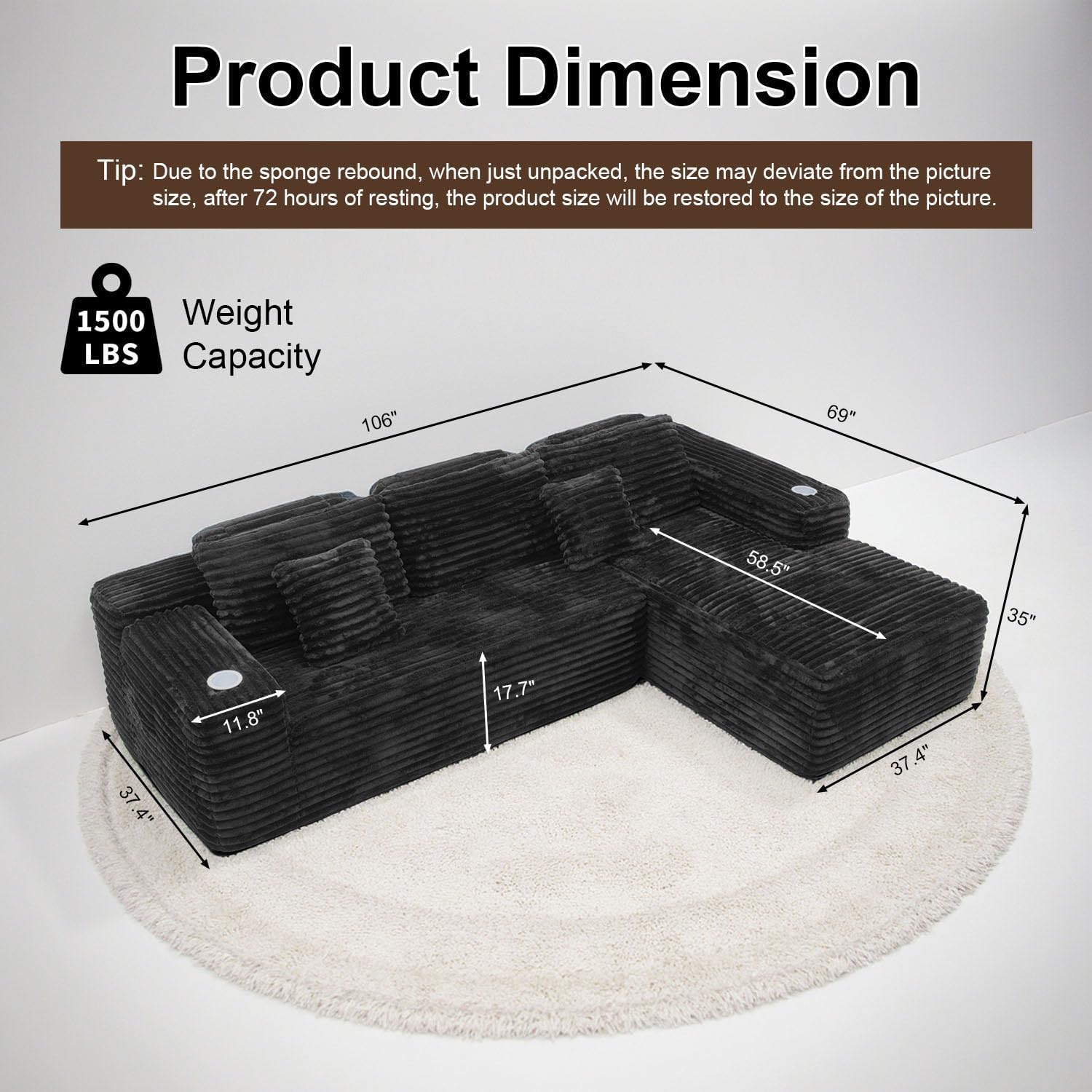 Cloud Sofa Sectional Couch with L-Shape Chaise, Modern Corduroy Boneless Modular Sofa with Cup Holder for Living Room and Apartment, Deep Seat Floor Couch No Assembly (Black, Right Facing Chaise)