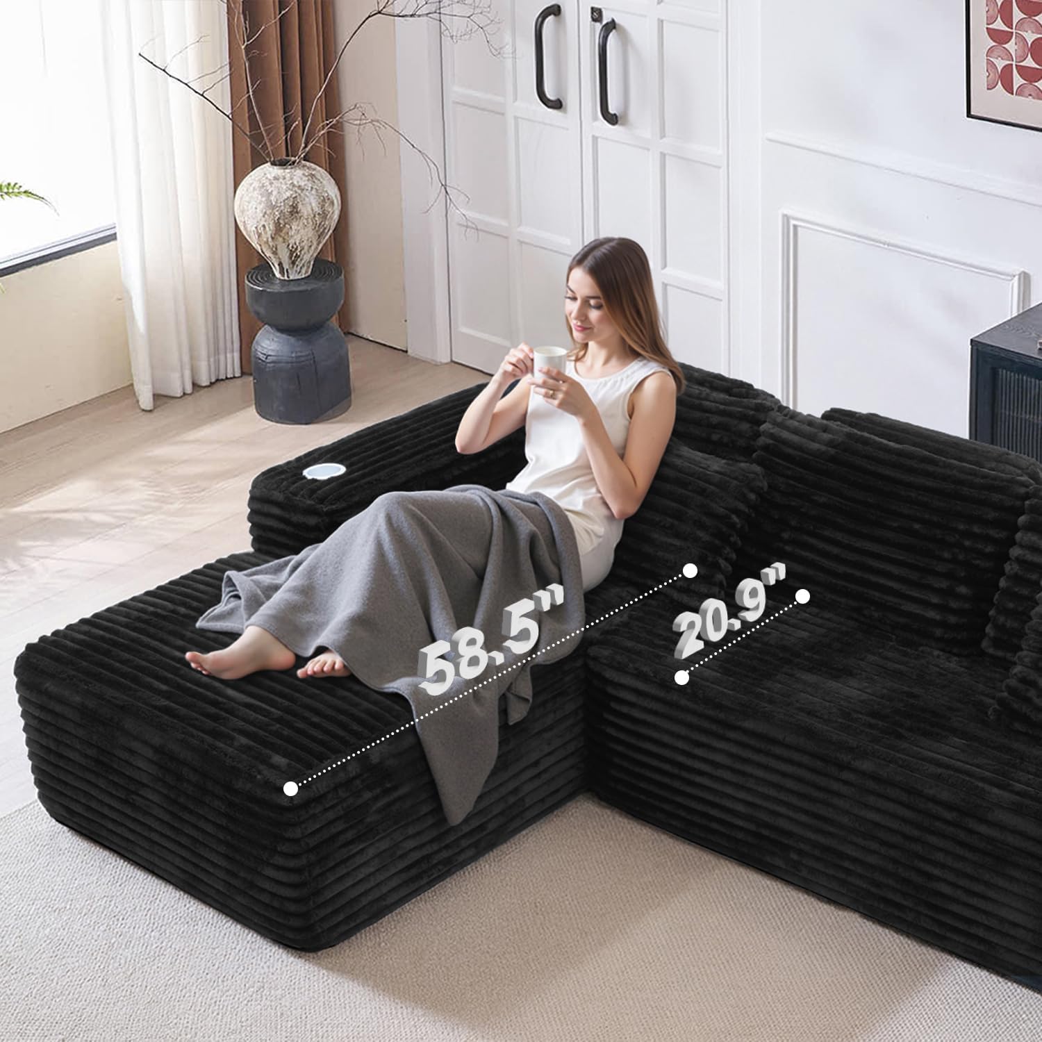 Cloud Sofa Sectional Couch with L-Shape Chaise, Modern Corduroy Boneless Modular Sofa with Cup Holder for Living Room and Apartment, Deep Seat Floor Couch No Assembly (Black, Left Facing Chaise)
