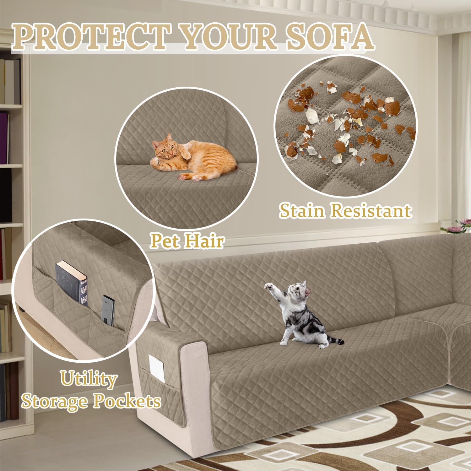 HDCAXKJ Waterproof Corner Sectional Couch Cover Velvet L Shape Sofa Covers for Pets Dogs Soft Heavy Duty U Shaped Sofa Slipcovers Sets for Sectional Non Slip Furniture Protector (Camel, XX-Large)
