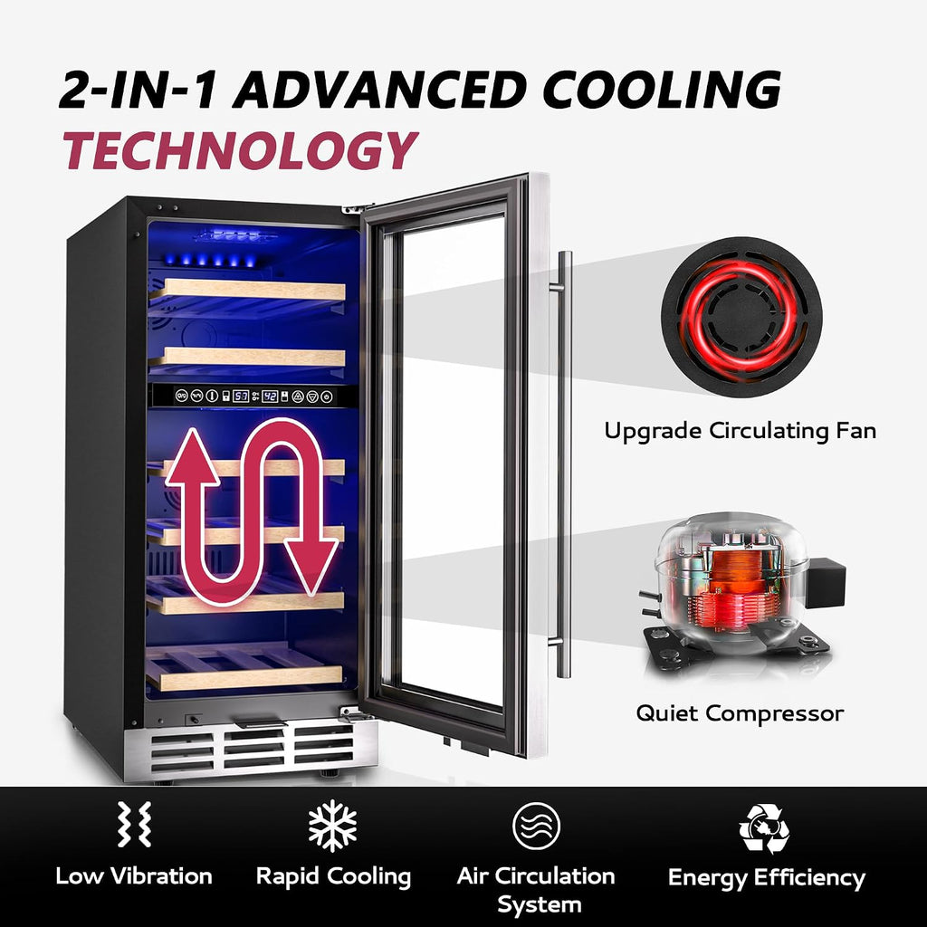 Icyglee 15 Inch Dual Zone Wine Fridge, 30 Bottles Under Counter Wine Cooler Refrigerator with Double-Layer Glass Door for Home Office Bar, Built-in Wine Refrigerator with security lock,40-65°F
