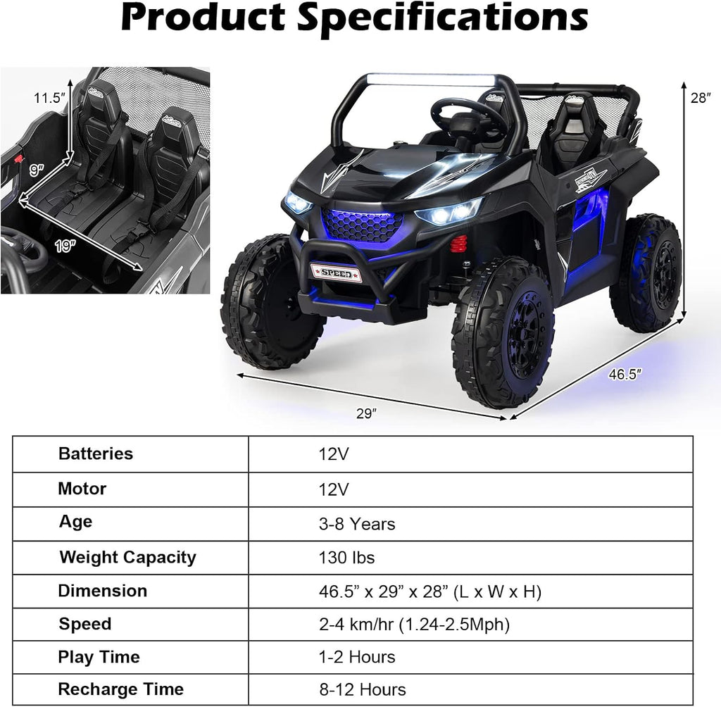Costzon 2-Seater Ride on Car for Kids, 12V Kids' Electric Vehicles w/Remote Control, 4 Shock Absorbers, Wireless Music & FM, 3 Speeds, Ambiance Lights, Electric UTV, Kid Car Toy for Boys, Girls(Black)