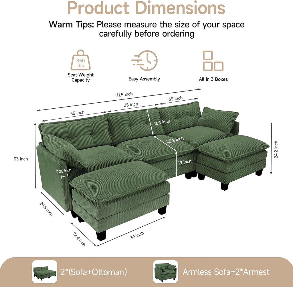 Amsleekey Modular Sectional Sofa, 111.5' U-Shaped Corduroy Comfy Sectional Couches for Living Room, 3-Seater Cloud Couches with 2 Movable Ottomans, Flexible Combination Modern Deep Seat Sofa (Green)