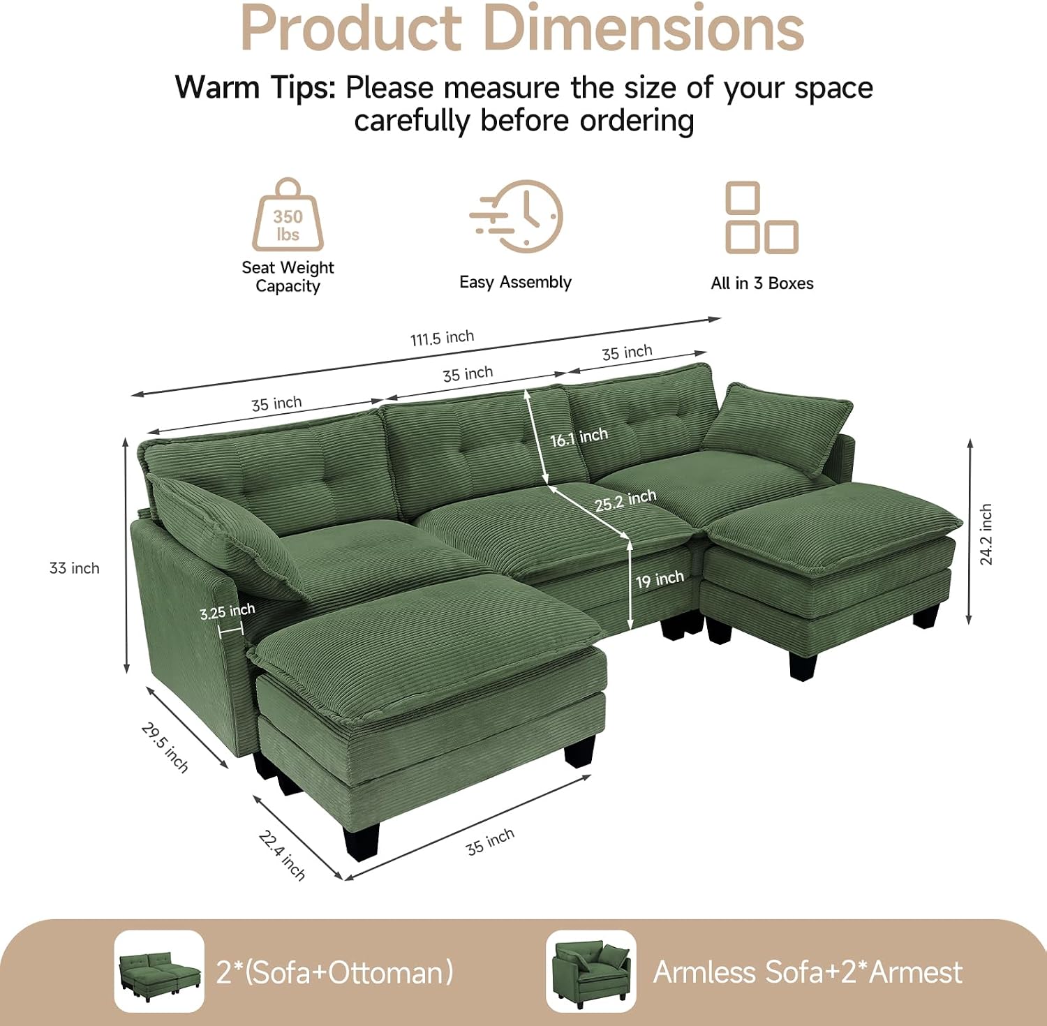 Amsleekey Modular Sectional Sofa, 111.5' U-Shaped Corduroy Comfy Sectional Couches for Living Room, 3-Seater Cloud Couches with 2 Movable Ottomans, Flexible Combination Modern Deep Seat Sofa (Green)
