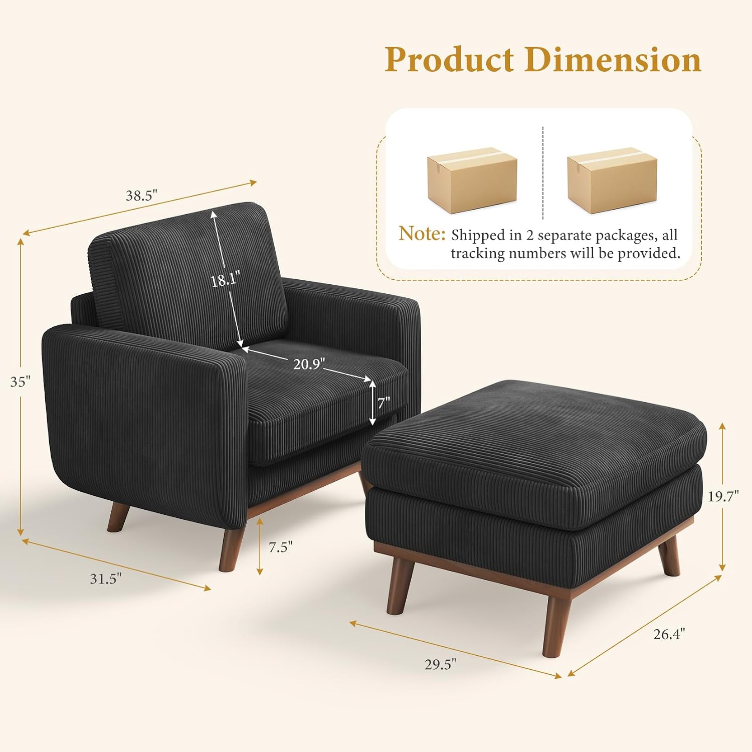 Vesgantti 38.5' Accent Chair with Movable Ottoman, Comfy Corduroy Armchair with Spring Cushion, Reading Chair with Ottoman, Modern Single Sofa for Living Room, Bedroom and Apartment, Black