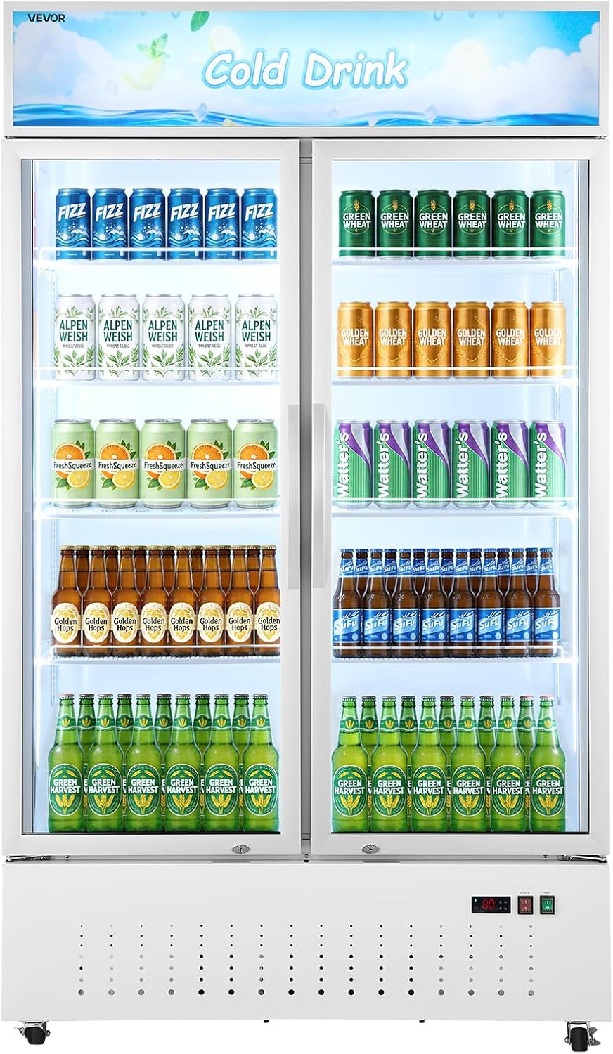 VEVOR Commercial Merchandiser Refrigerator, 35.3 Cu.Ft / 1000L Upright Beverage Cooler, 2 Glass Door Display Refrigerator with Customizable Lightbox, 8 Adjustable Shelves, Soft LED Lighting & Casters