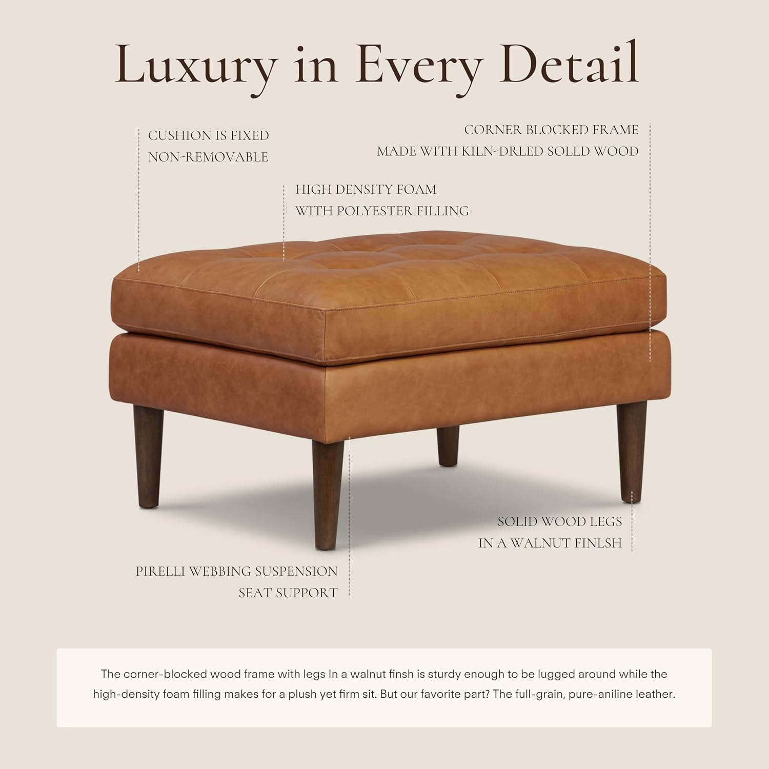 Poly & BARK Napa Ottoman - Full-Grain Leather Upholstered Ottoman with Feather-Down Topper - Couch for Living Room - Vintage Italian Leather in Cognac Tan