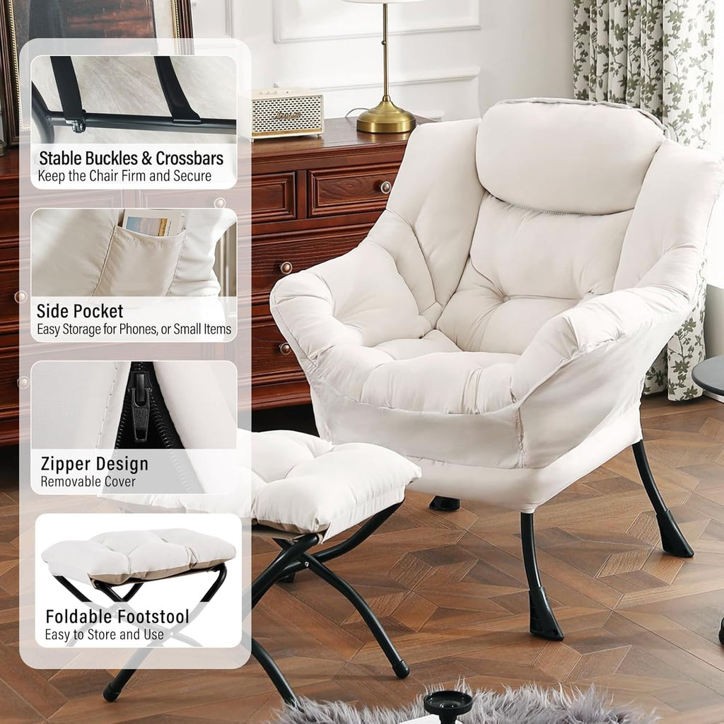 Furlide Lazy Chair with Ottoman, Modern Accent Chair with Armrests and a Side Pocket, Beige Accent Chairs, Reading Chairs, Oversized Armchairs for Bedroom, Study, Living Room, Courtyard