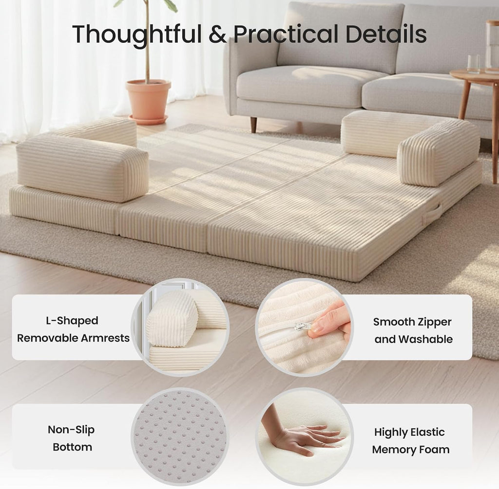 Tri-Fold Foldable Mattress, Convertible Folding Sofa Bed with Removable Arms & Washable Cover, All-in-One Portable Mattress Floor Sofa Bed, No Assembly Required & Non-Slip, Queen Size, Beige