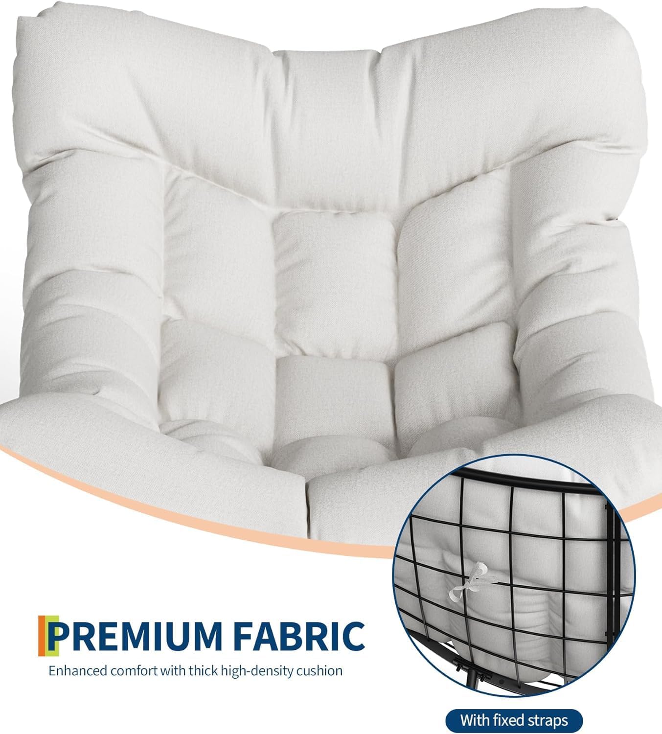GarveeHome Outdoor Papasan Rocking Chair Oversized Patio Rocker with Sturdy Metal Frame Rattan Egg Style for Balcony Backyard Porch 40 * 28 * 34In White