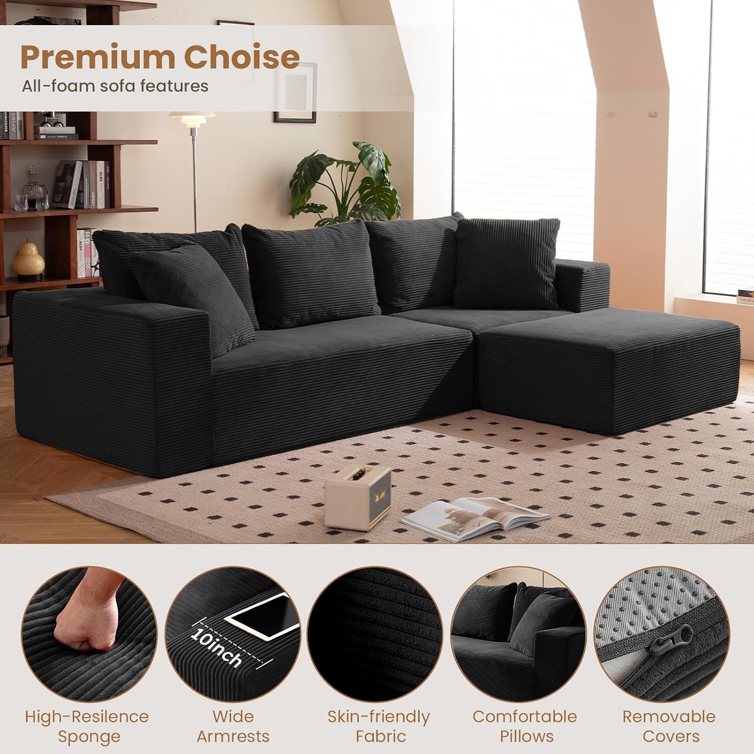 108' L-Shaped Boneless Couch, Modular Sectional Sofa with Moveable Ottoman, Corduroy Cloud Couches for Living Room, No Assembly, Ship in a Box, Black