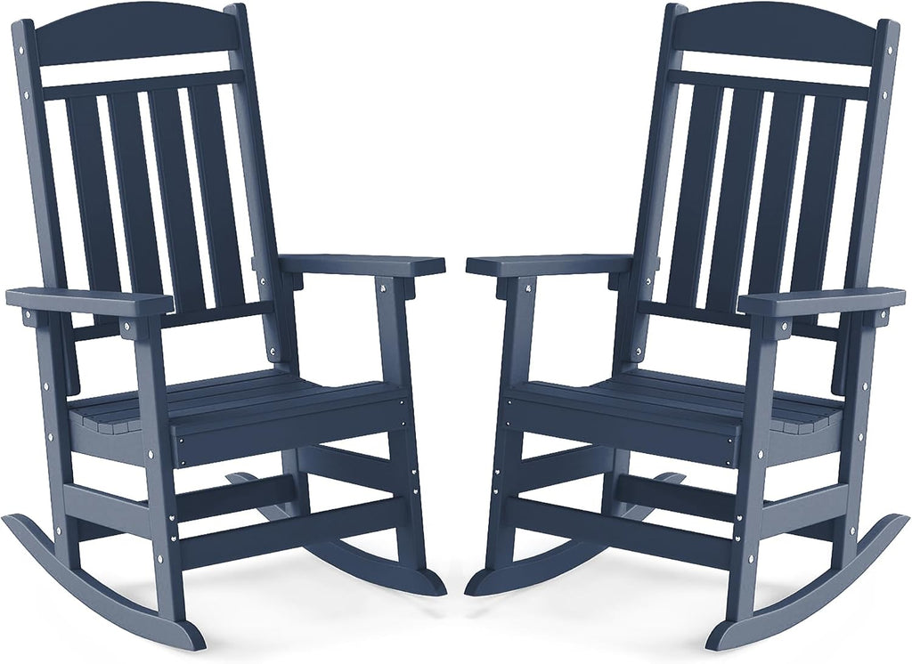 FOOWIN Outdoor Rocking Chair Set of 2, High Back Patio Rocking Chair, HDPE All Weather Resistant Porch Rocker for Adult, Oversized Rocking Chairs for Garden, Lawn, Indoor & Outdoor Use, Navy Blue
