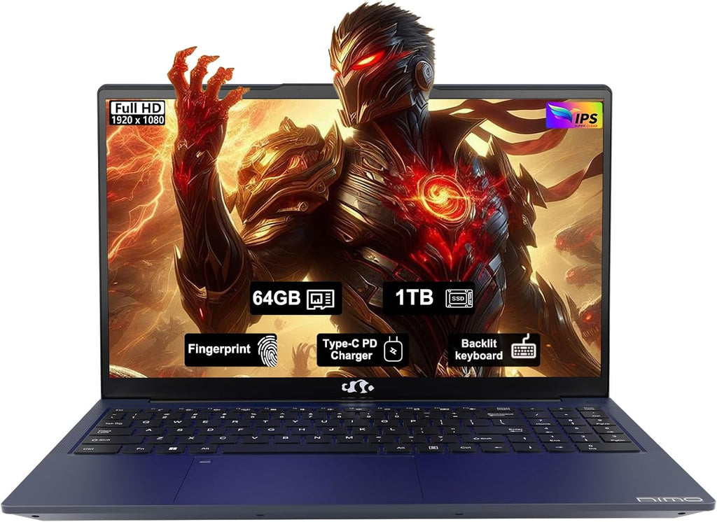 NIMO 15.6' IPS FHD-Gaming-Laptop, AMD Ryzen 5 6600H 6-Cores 660M GPU 64GB DDR5 RAM 1TB SSD(Beat i7-1165G7, Up to 4.5GHz) Computer with 100W GaN Type C Fingerprint Backlit Keyboard Win 11