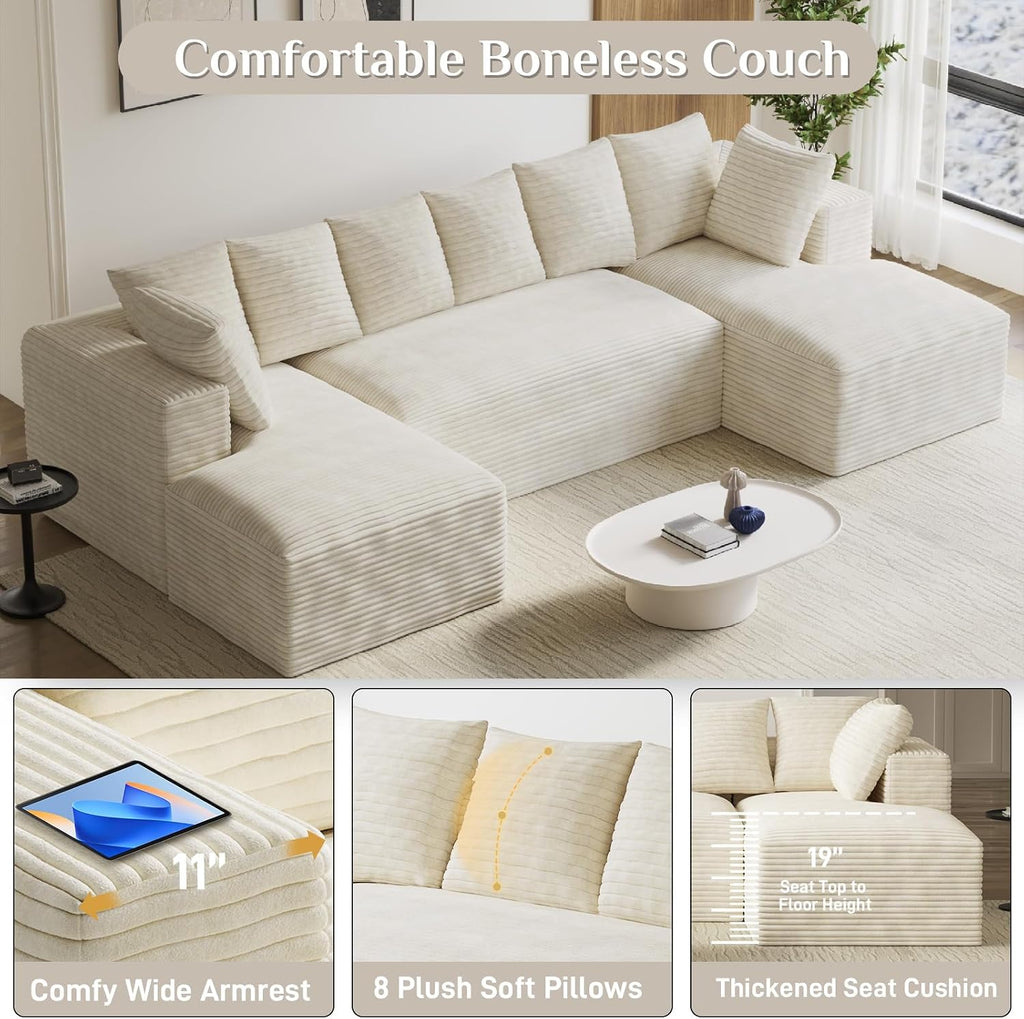131' Oversized U Shaped Cloud Sectional Couches for Living Room, Comfy Fluffy Corduroy Beige Boneless Sectionals Couch, Plush Memory Foam Modular Sectional Sofa with Chaise- 19' Seat Height