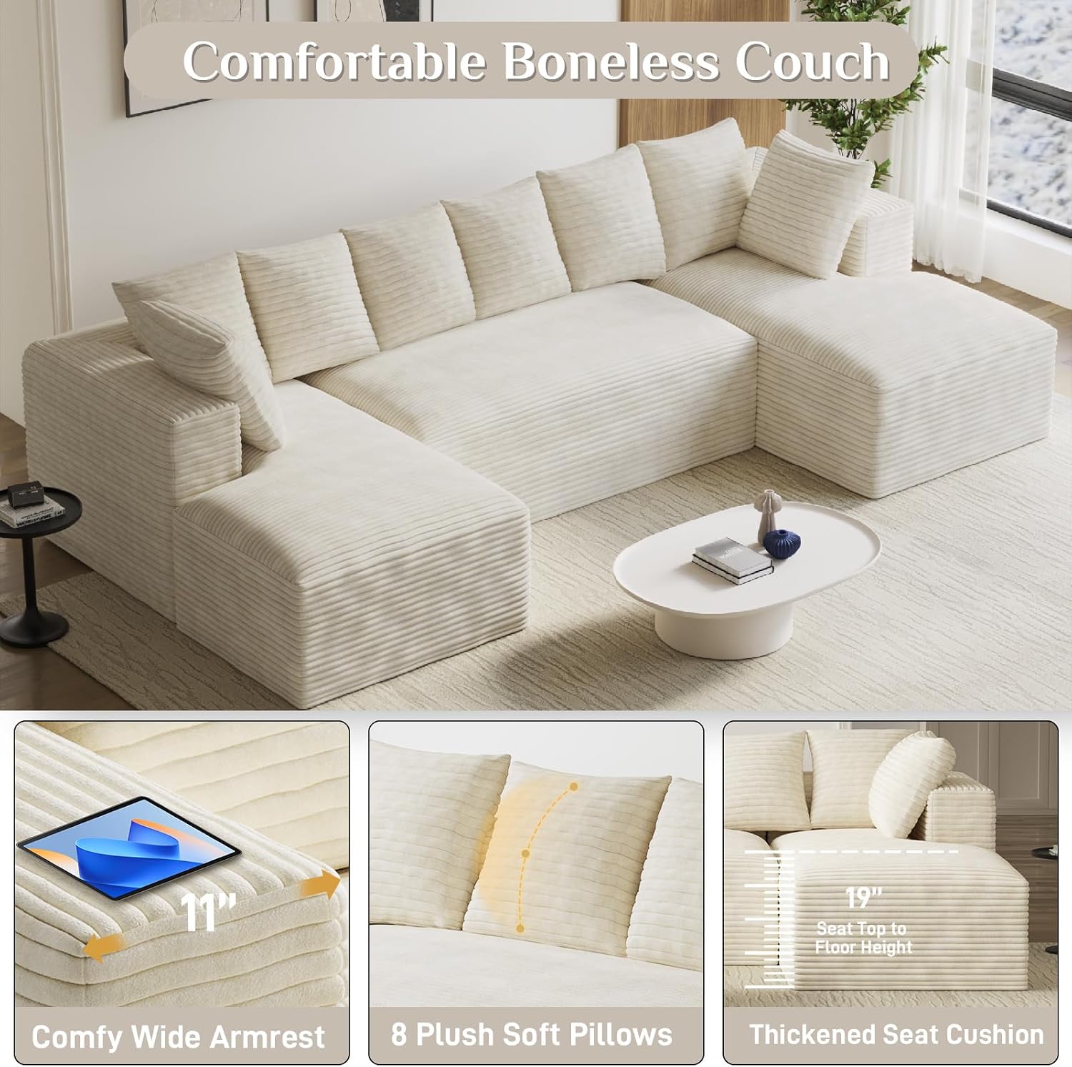 131' Oversized U Shaped Cloud Sectional Couches for Living Room, Comfy Fluffy Corduroy Beige Boneless Sectionals Couch, Plush Memory Foam Modular Sectional Sofa with Chaise- 19' Seat Height