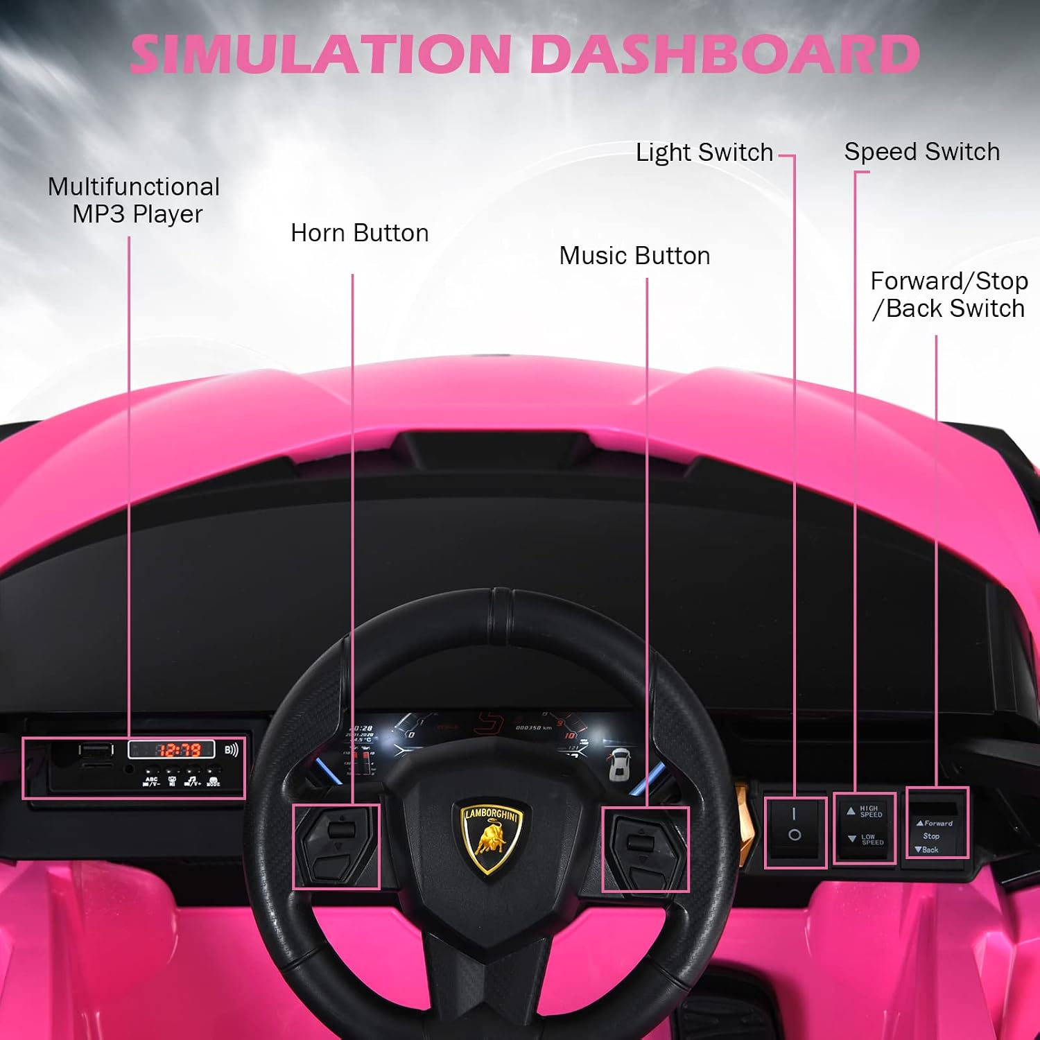 INFANS 12V Licensed Lamborghini Sian Kids Ride On Car with Parent Remote Control, Spring Suspension, MP3 Player, Electric Toy Roadster Carbon Fiber Textured for Toddler (Pink Black)
