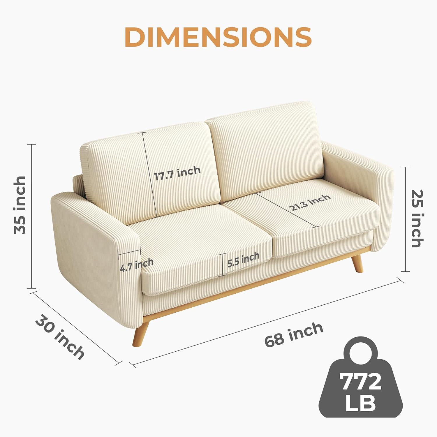 Vesgantti 68' Loveseat Sofa Beige, Comfy Corduroy Couch with Spring Cushion, Modern Sofa with Deep Seat, for Bedroom & Living Room