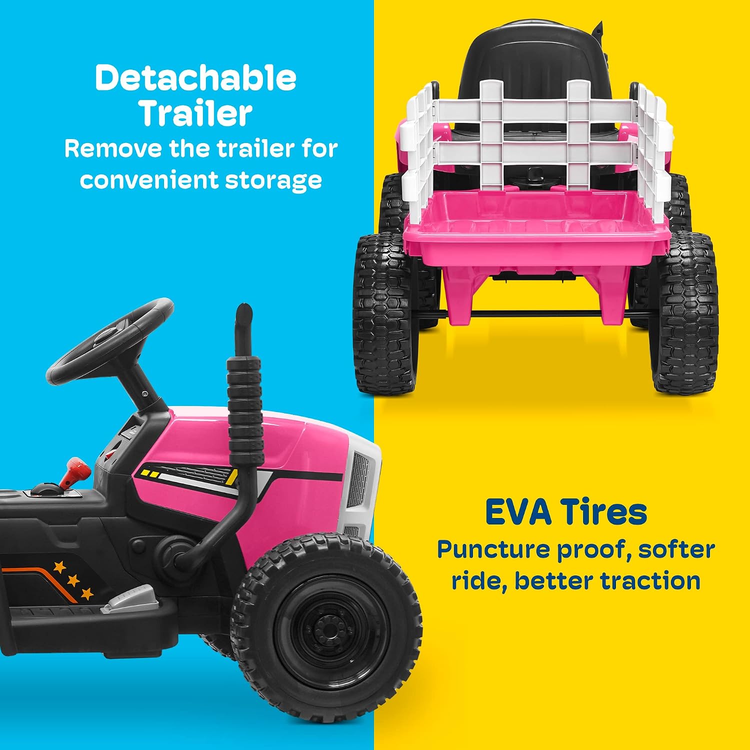 Kidzone 12V7AH Premium Version w/EVA Treaded Tires Dual 35W Motors Boost Power Torque Remote Control Electric Tractor w/Trailer Toddler Ride On Toy 3-Gear-Shift, 7-LED Lights Bluetooth,Pink