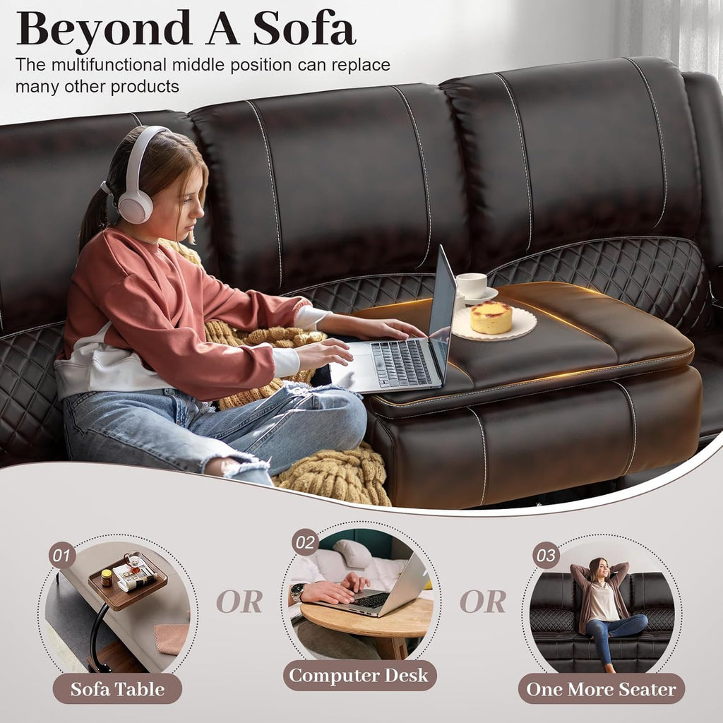 Yolsali 3-Seater Recliner Sofa, Manual Reclining Couch with Multi-Functional Middle Seat, Reclining Sofa for Living Room with Hidden Storage Space, Cup Holders, and Removable Console - PU Brown