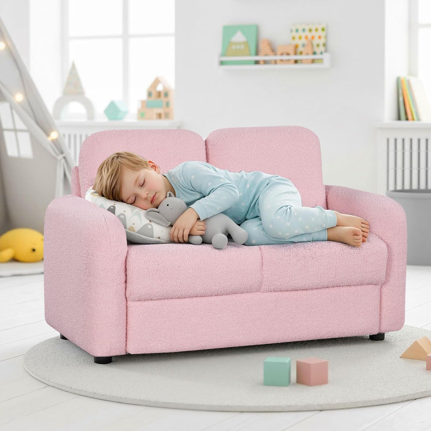 Costzon Kids Couch, 2 Seat Toddler Armrest Chair w/Teddy Fleece Upholstery & Solid Wooden Frame, Double Seat Children's Sofa for Preschool, Bedroom, Playroom, Daycare, Ideal Gift for Girls Boys