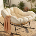 Easyego Oversized Papasan Rocking Chair Indoor Outdoor Use, Comfortable Wicker Rocker with Cozy Thicken Cushion for Deck, Balcony, Poolside, Lawn, Bedroom, Living Room, White