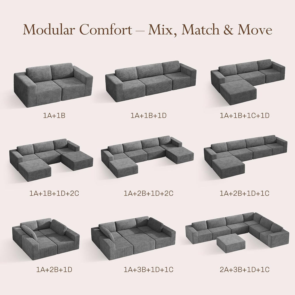 Vesgantti 119' L-Shaped Modular Sectional Sofa, Corduroy Cloud Couch with Deep Seating & Spring Support, Flexible Layout Sofa with Ottoman, Boneless Style, No Assembly Required, Grey