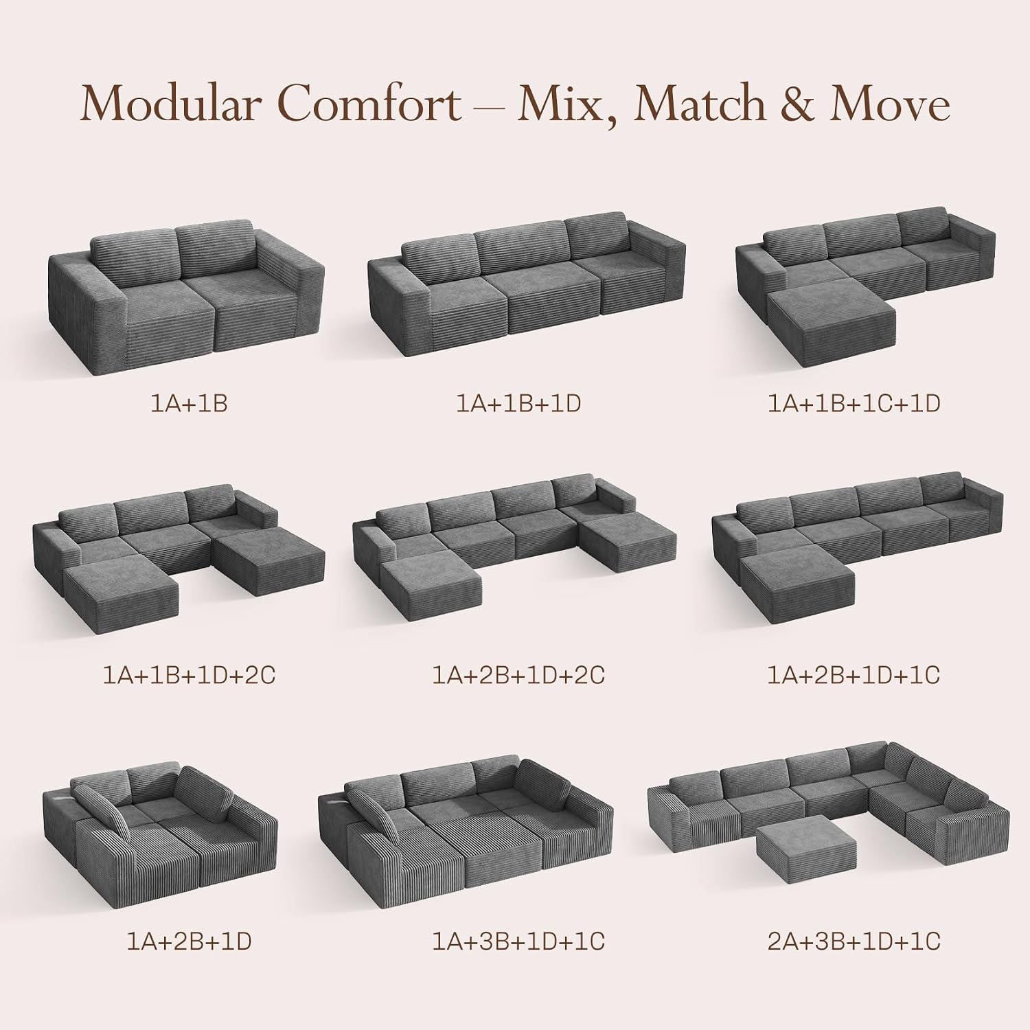 Vesgantti 119' L-Shaped Modular Sectional Sofa, Corduroy Cloud Couch with Deep Seating & Spring Support, Flexible Layout Sofa with Ottoman, Boneless Style, No Assembly Required, Grey