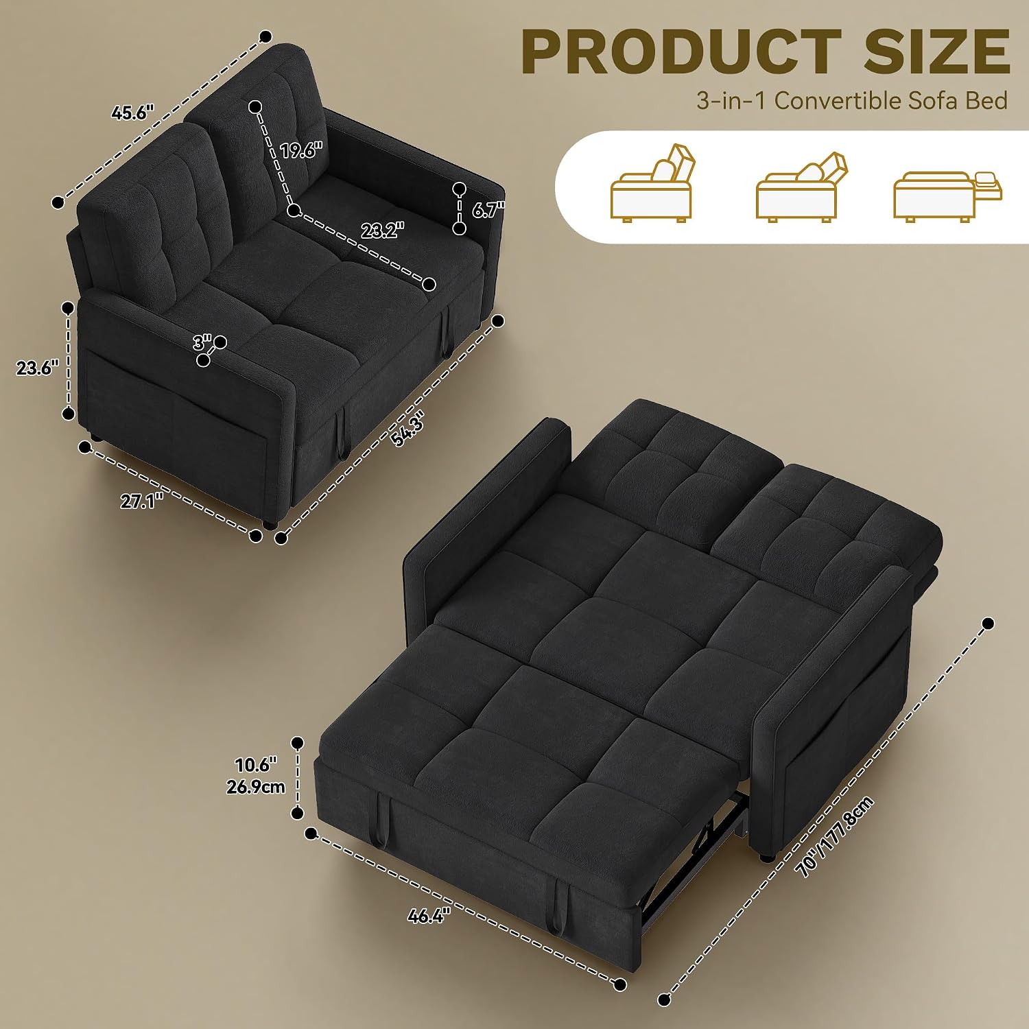 DWVO 3 in 1 Convertible Sleeper Sofa Bed, 55' Pull Out Sofa Bed with Adjustable Backrest and USB, Velvet Futon Couch with Side Pockets for Living Room, Black