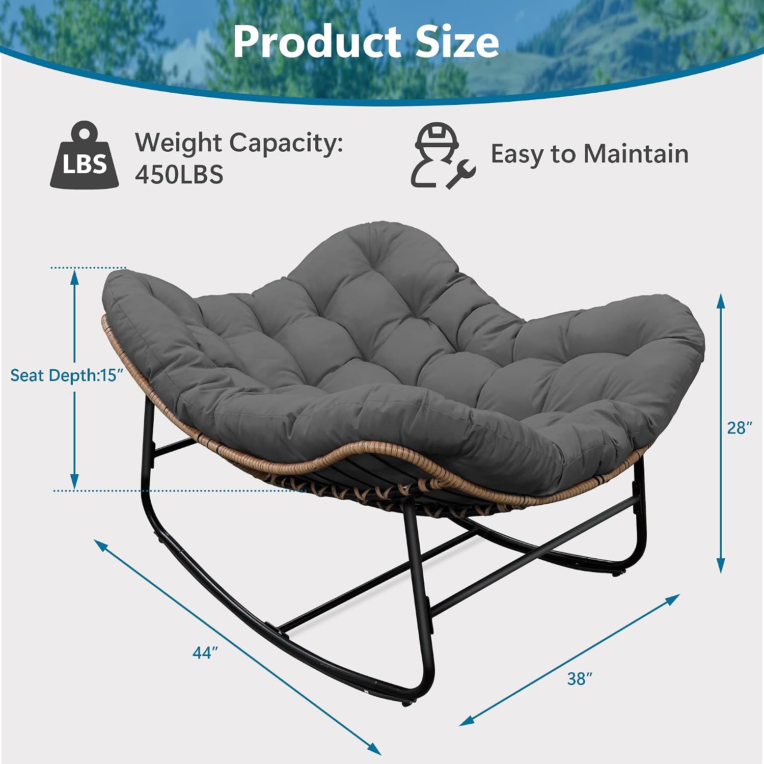 Outdoor Papasan Rocking Chair,Papasan Chairs with Cushion and Frame,Oversized Papasan Rocking Egg Chairs,Rattan Rocking Papasan Chair for Living Room,Outdoor.Gray