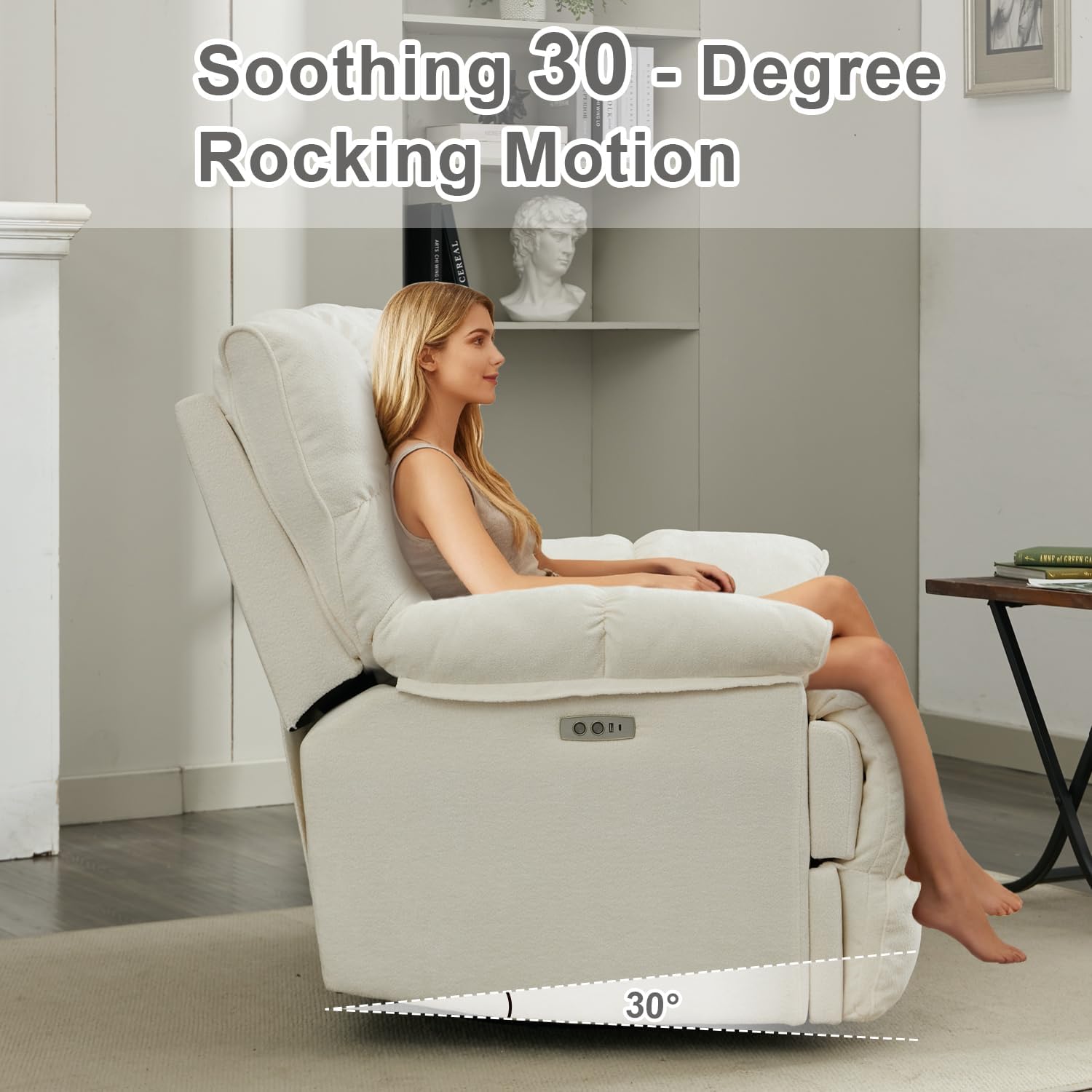 Oversized Rocker Recliner Chair,Power Swivel Recliner for Living Room,Overstuffed Extra Wide Rocking Recliners with Breathable Soft Fabric,Up to 350lbs (Power, White)