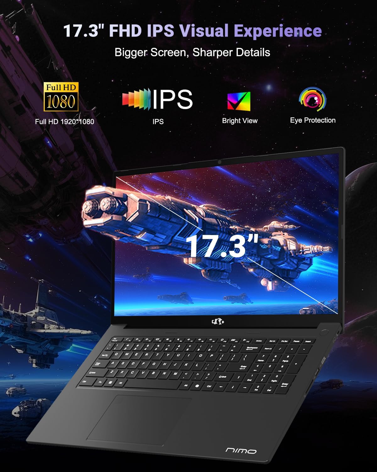 NIMO 17.3' Light-Gaming-Laptop, AMD Ryzen 7 8745HS 8 Cores up to 4.9GHz, 16GB DDR5 RAM 512GB SSD, AMD Radeon 780M Graphics, FHD IPS Display, 100W Type-C, Backlit Keyboard, Fingerprint, USB 4.0