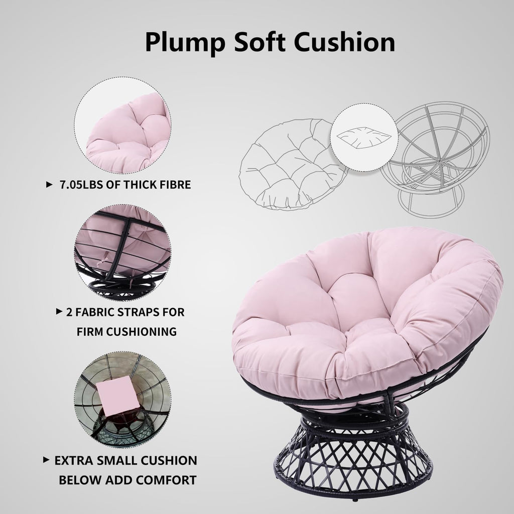 GLORY PATIO 360° Swivel Papasan Chair - 350lbs Capacity Indoor/Outdoor Wicker Lounge Chair with Thick Cushion, Modern Accent Chair for Living Room, Bedroom, Patio (White Frame & Khaki Cushion)