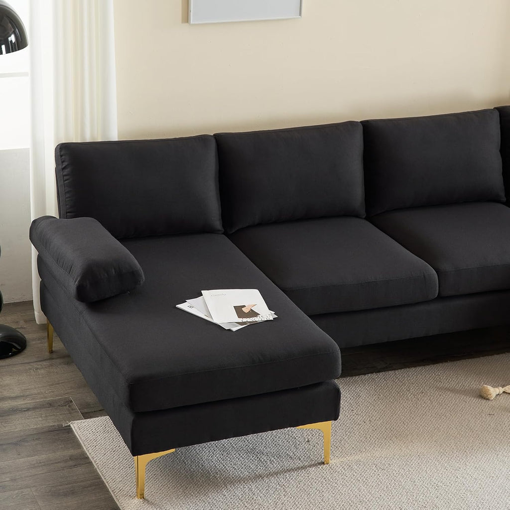 Karl home Convertible Sectional Sofa 110' U-Shape Sofa Couch 4-Seat Couch with Chaise Fabric Upholstered for Living Room, Apartment, Office, Black