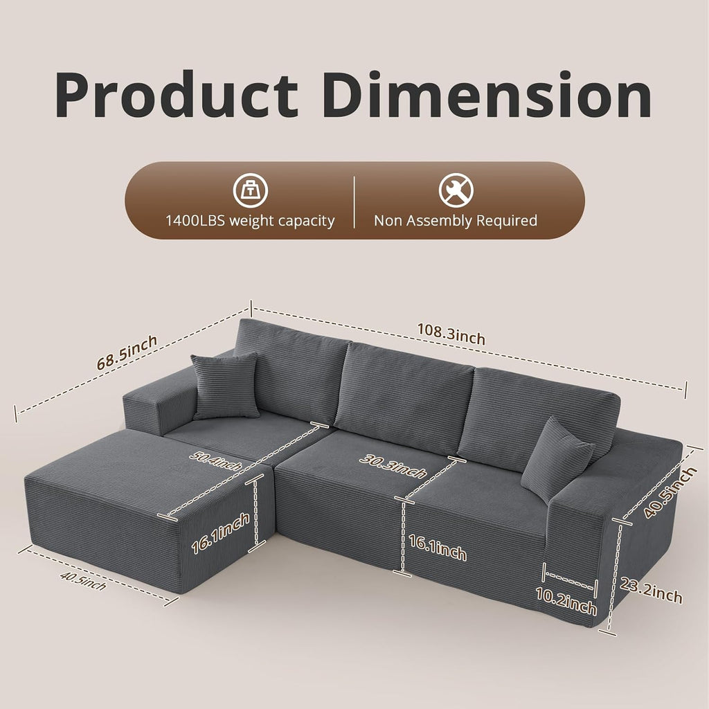 Modular Sectional Couch Modern 108' L Shaped Boneless Cloud Couch with Deep Seat, Sectional Sofa for Living Room Bedroom Apartments Dorms, No Assembly Required, Dark Grey