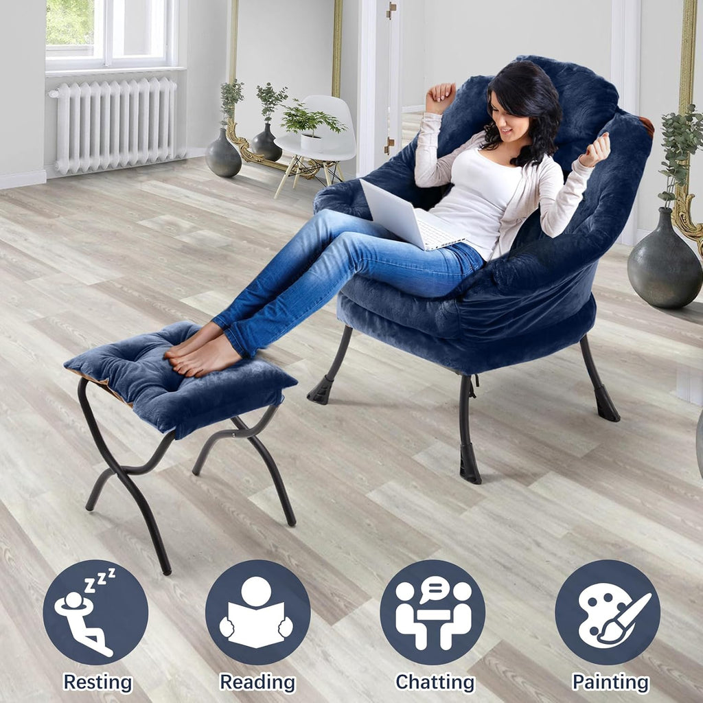 Lazy Chair with Folding Ottoman,Leisure Sofa Chair,Soft Fabric Armchair with Armrests and Side Pockets, Reading Chair with Footrest for Living Room, Bedroom, Office (Plush Navy)