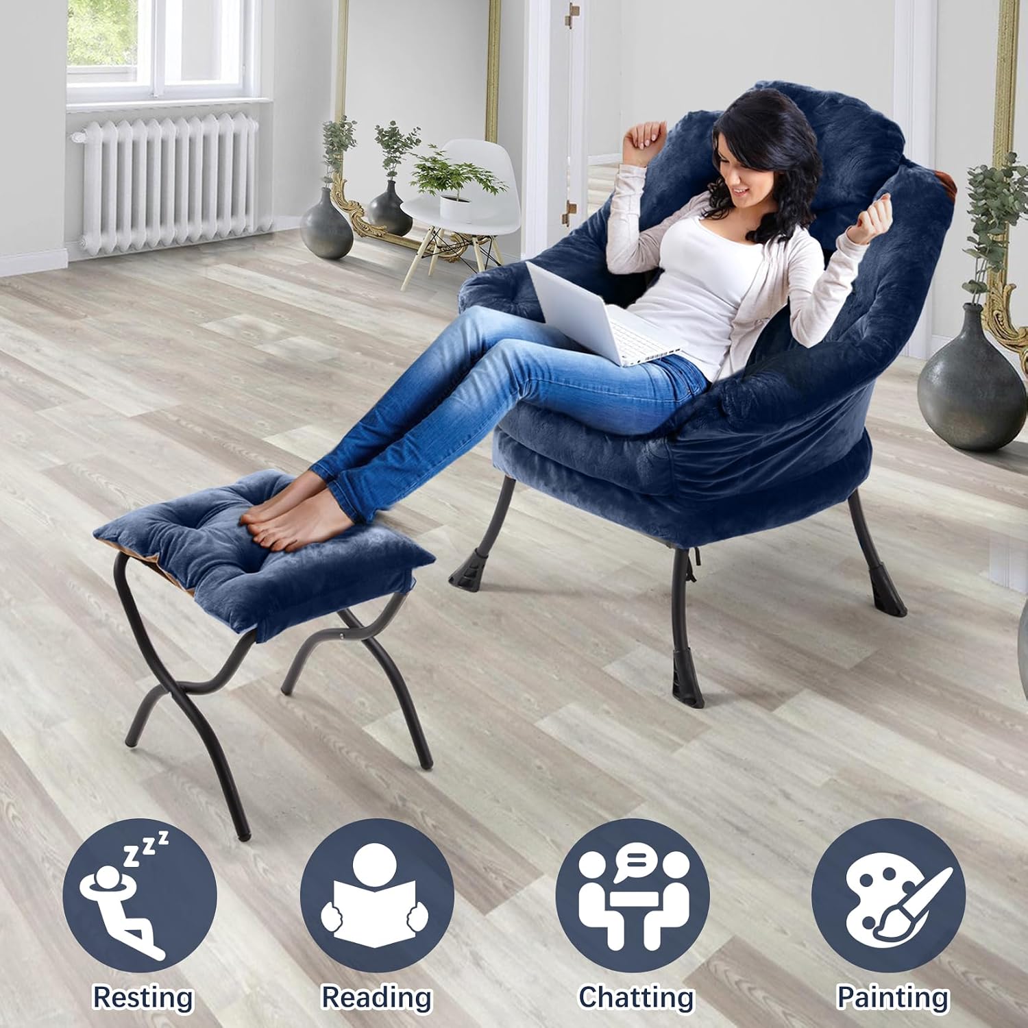 Lazy Chair with Folding Ottoman,Leisure Sofa Chair,Soft Fabric Armchair with Armrests and Side Pockets, Reading Chair with Footrest for Living Room, Bedroom, Office (Plush Navy)