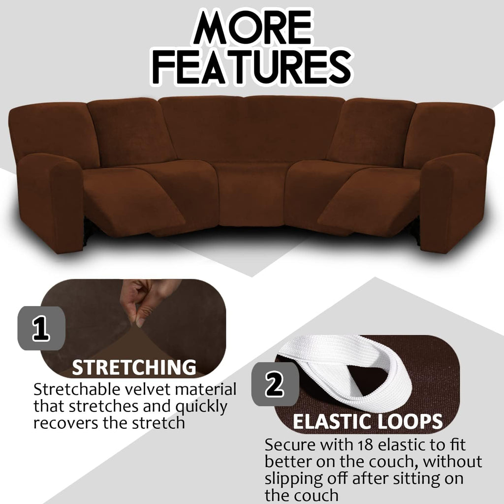 ULTICOR 7-Piece L Shape Sectional, Velvet Stretch Reclining Couch Covers for Sofa, Thick, Soft, Washable (Chocolate, 5 Seat Recliner Cover)