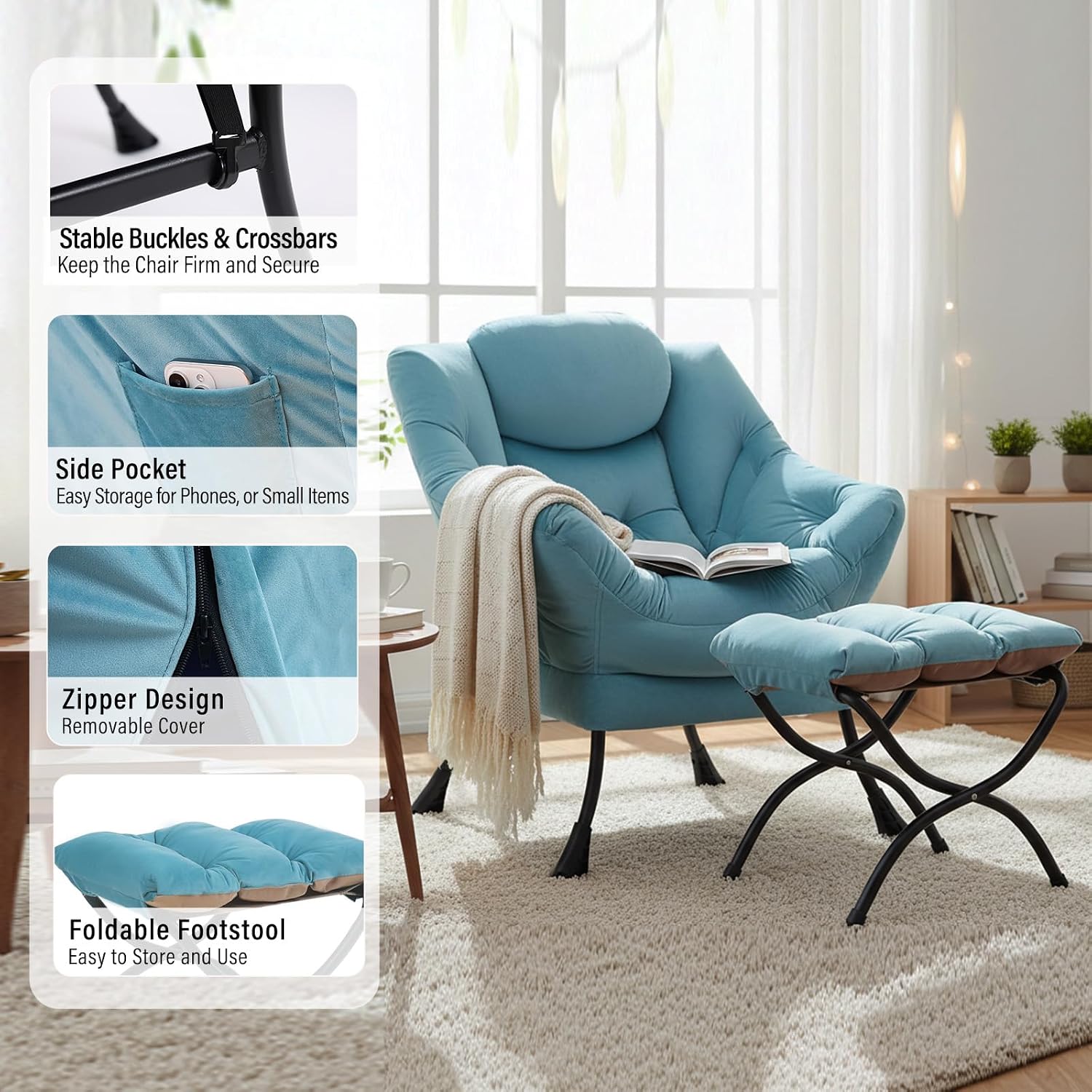 Furlide Lazy Chair with Ottoman, Modern Accent Chairs with Folding Footrest, Velvet Light Blue Sofa Chair Set, Reading Chairs, Oversized Armchairs for Bedroom, Study, Living Room, Courtyard