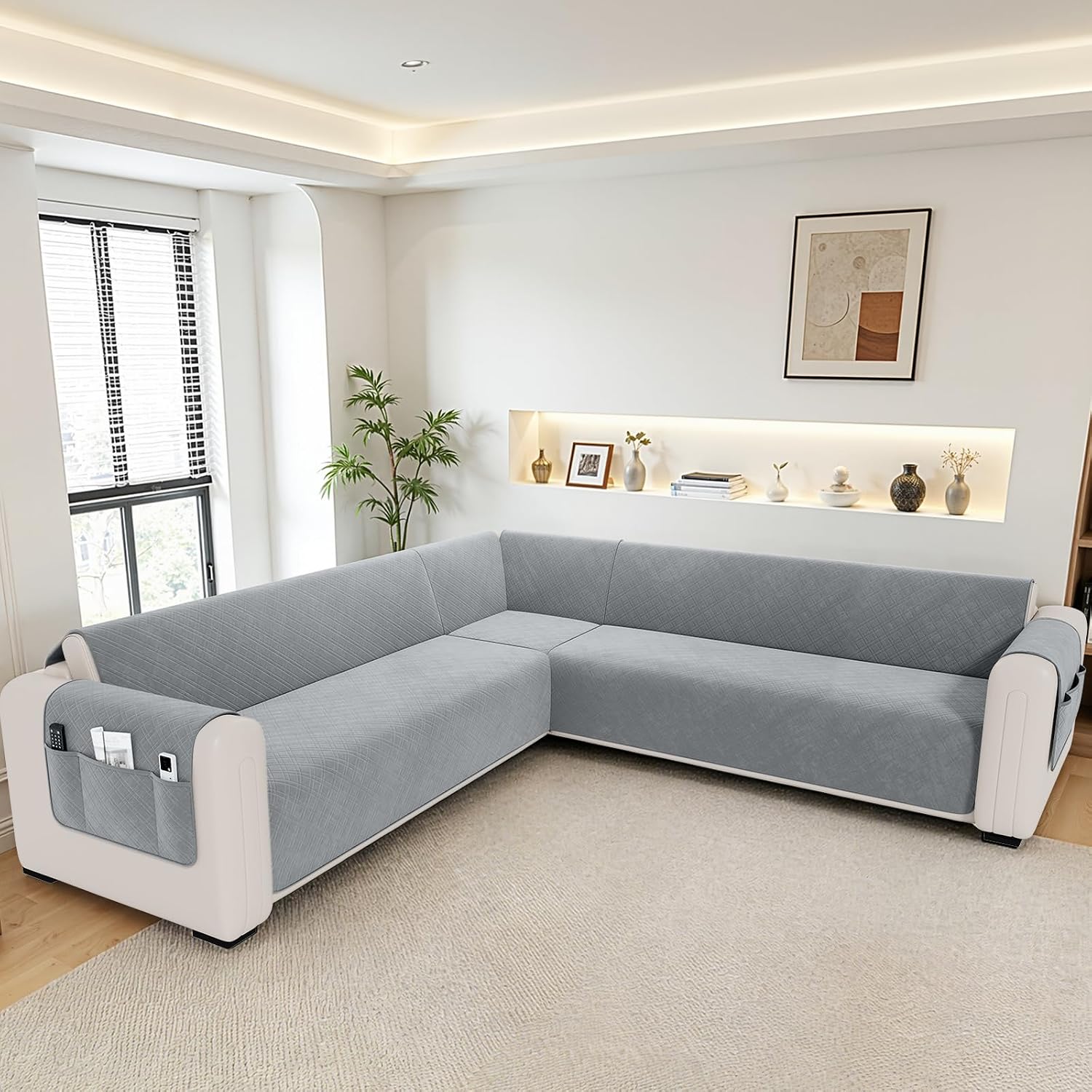 Waterproof L Shaped Couch Cover for Sectional Sofa Velvet Quilted Corner Sofa Cover L Shape Furniture Protector Slipcover Set with Non Slip Straps for Pets Dogs Kids (XX-Large, Silvery Grey)