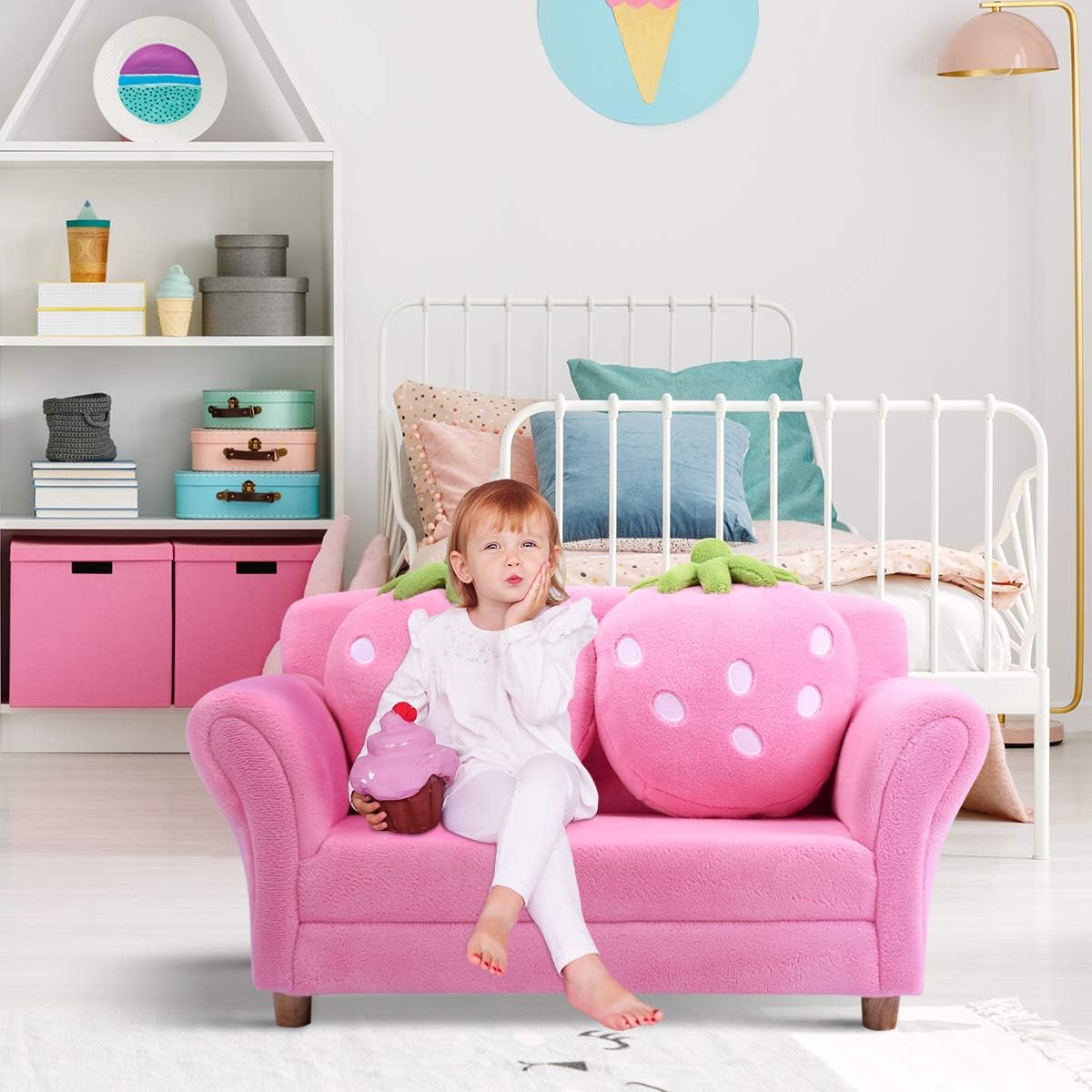 Costzon Kids Couch, Double Seat Pink Children's Sofa with 2 Strawberry Pillows, Toddler Armrest Chair for Bedroom, Living Room, Large Soft for Kids Loveseat for Baby Girls Pets Preschool Gifts