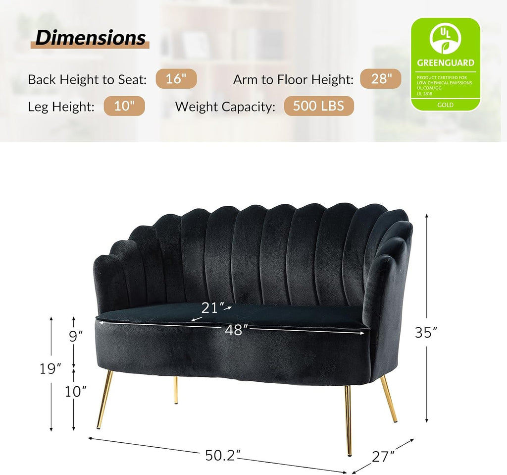 HULALA HOME Modern Velvet Loveseat Sofa with Flower Shaped Back, Comfy Upholstered 2-Seater Sofa with Gold Metal Legs, Small Love Seat Accent Couch for Living Bedroom Leisure Areas, Black