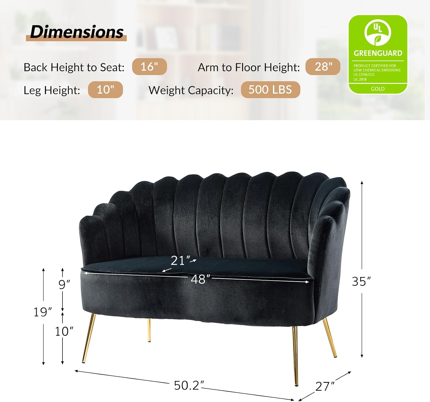HULALA HOME Modern Velvet Loveseat Sofa with Flower Shaped Back, Comfy Upholstered 2-Seater Sofa with Gold Metal Legs, Small Love Seat Accent Couch for Living Bedroom Leisure Areas, Black