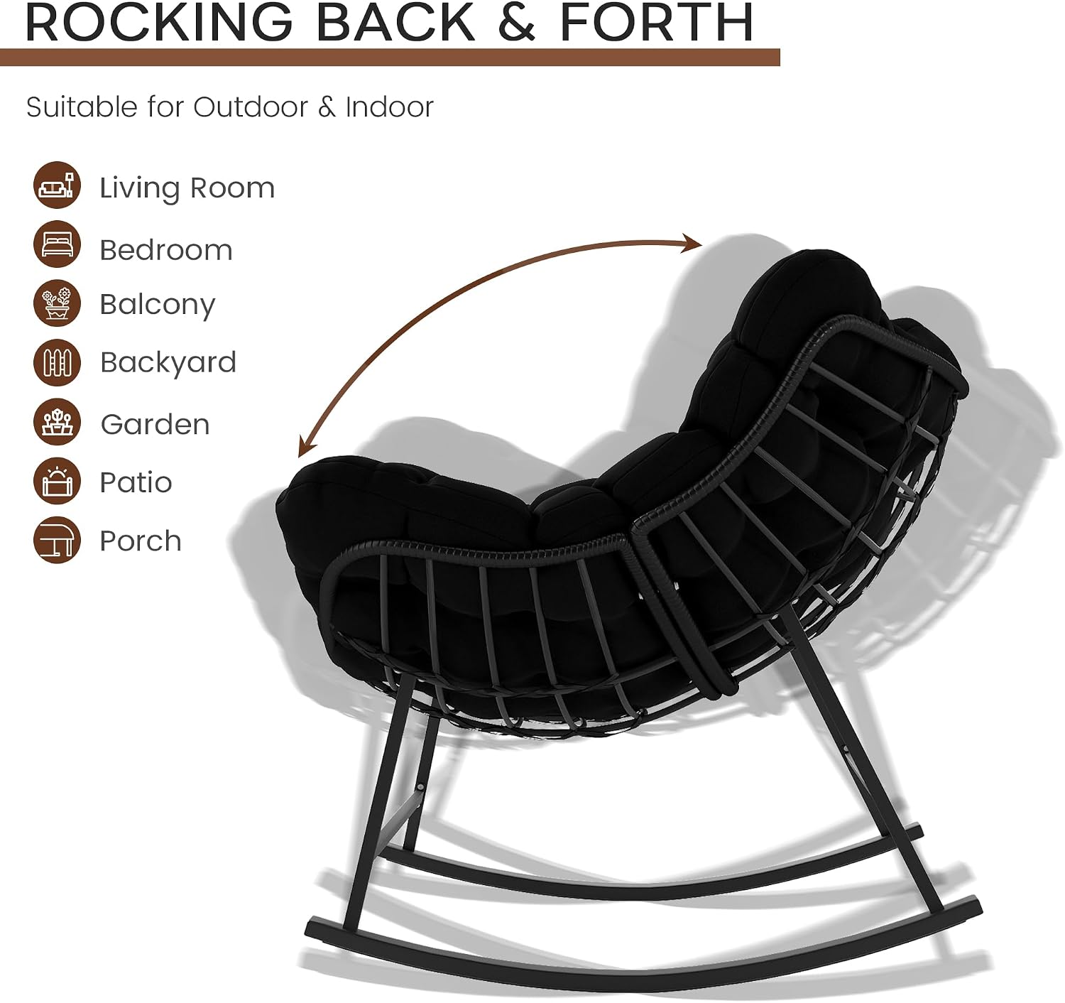 Oversized Wicker Papasan Rocking Chair, Indoor Outdoor Egg Chair Rocker, Comfy Patio Recliner with Modern Egg Style, Black