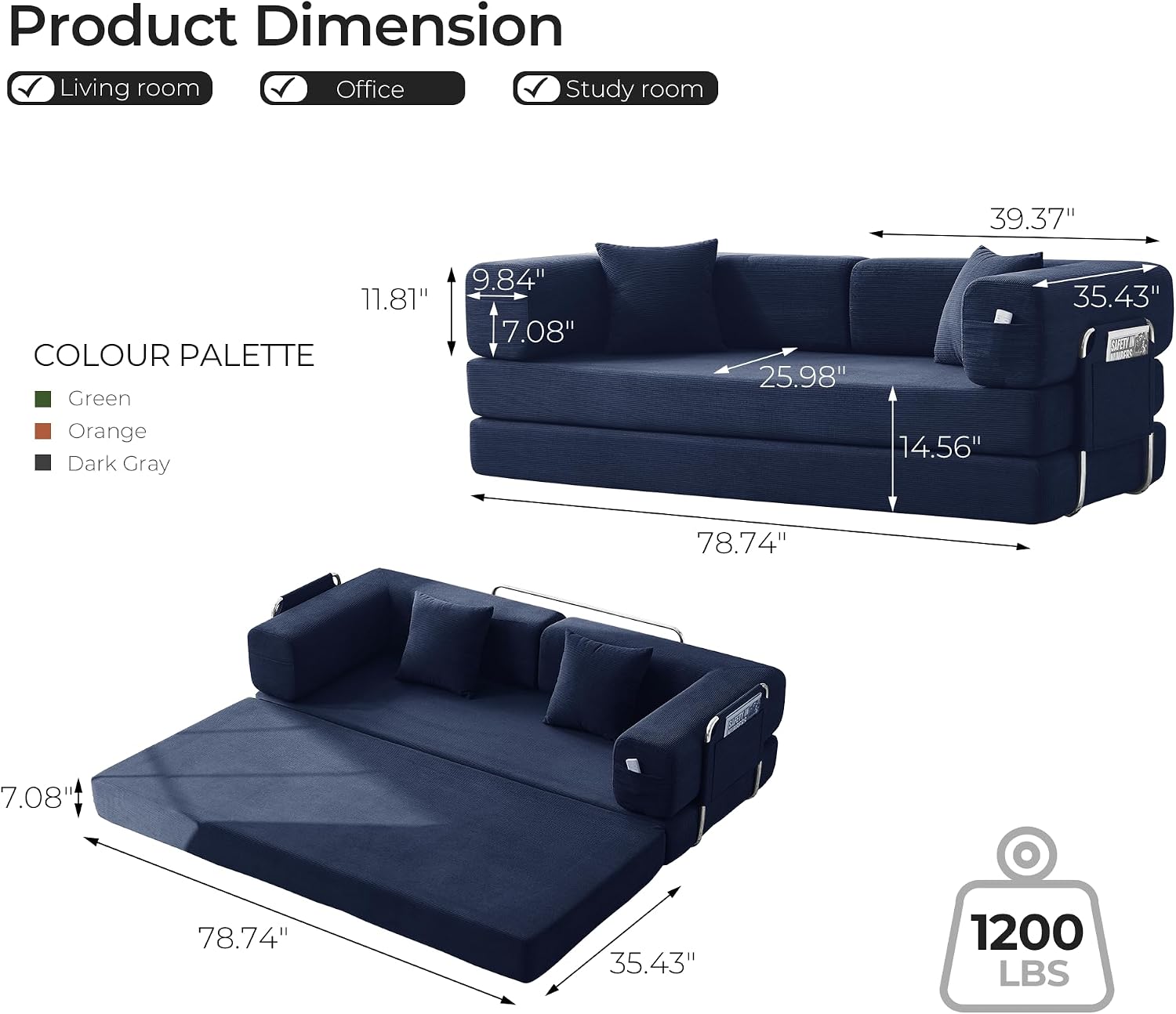 79' Convertible Sofa Bed with Pillows, Corduroy Folding Sleeper Sofa with Fixed-Shape Frame, Boneless Couch for Living Room Bedroom, Floor Sofa Lounge No Assembly Required (A - Style - Blue)