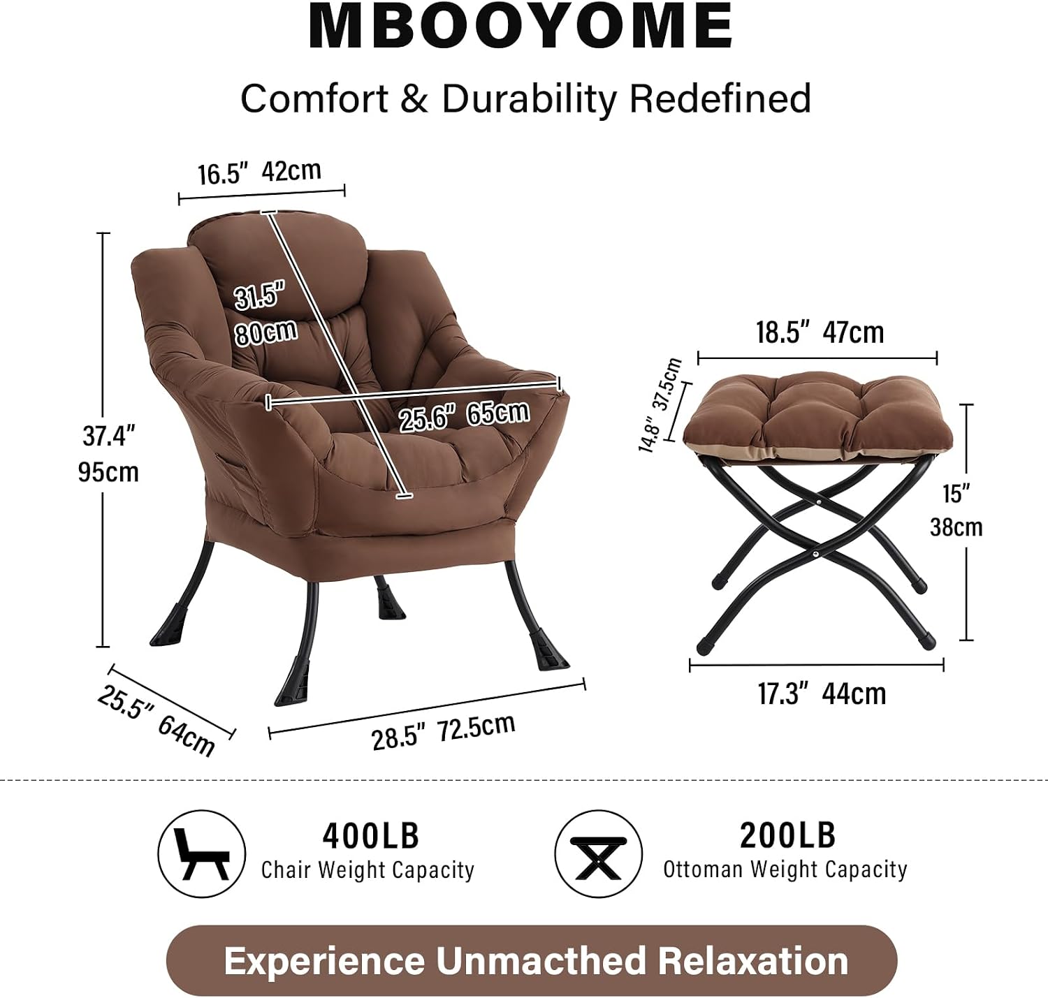 MBOOYOME Lazy Chair with Folding Ottoman, Modern Accent Armchair with Armrests and a Side Pocket & Foldable Footstool, Reading Chair for Living Room, Bedroom, Dorm & Office, Dark Brown