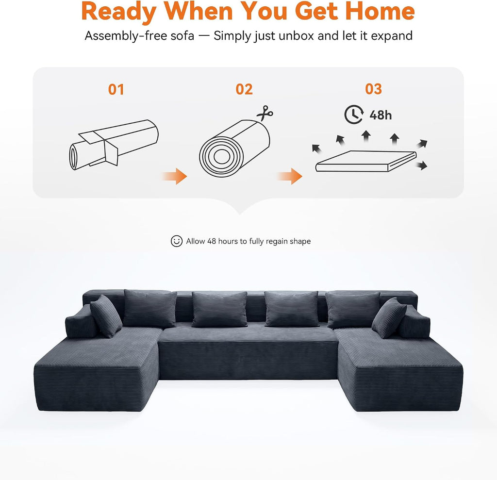 MONVANE 141' U Shaped Cloud Sectional Couch with Chaise Lounge, Modular Sectional Sofa with Removable Armrests, Comfy Corduroy Boneless Couches for Living Room, No Assembly Required, Grey