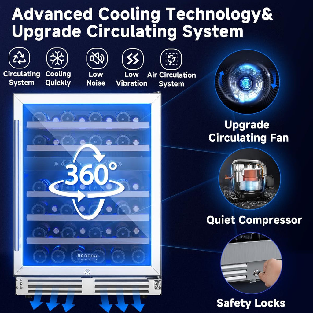 BODEGA 24 inch Wine Cooler, 46 Bottle, Under Counter Wine Cooler 24'' with Adjustable Shelves, Built-in Wine Refrigerators Free standing, Energy Efficient, Dual Zone Wine Fridge for Home Bar Office.